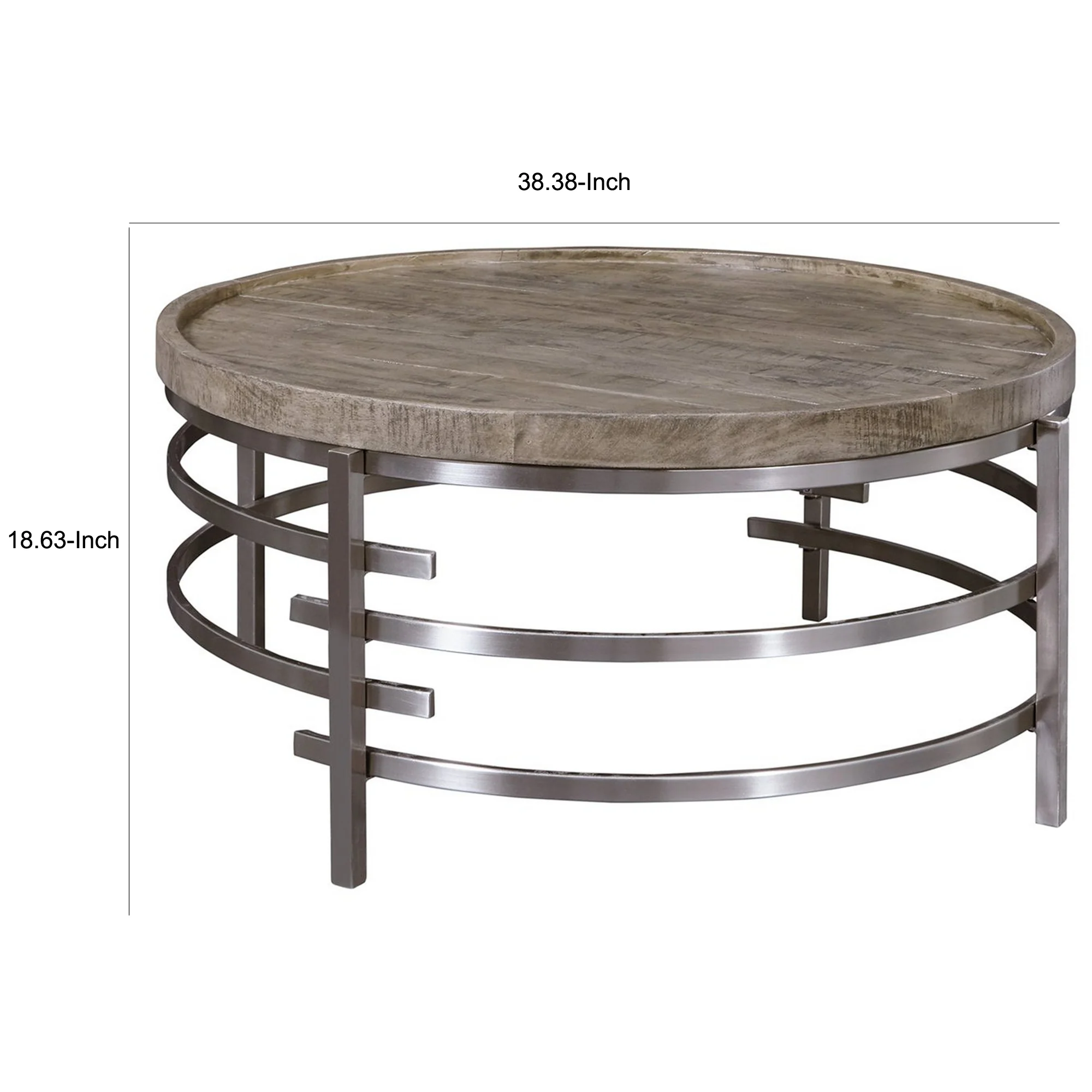 Wood Top Round Cocktail Table With Metal Base Brown And Gray By Benzara - Image 3