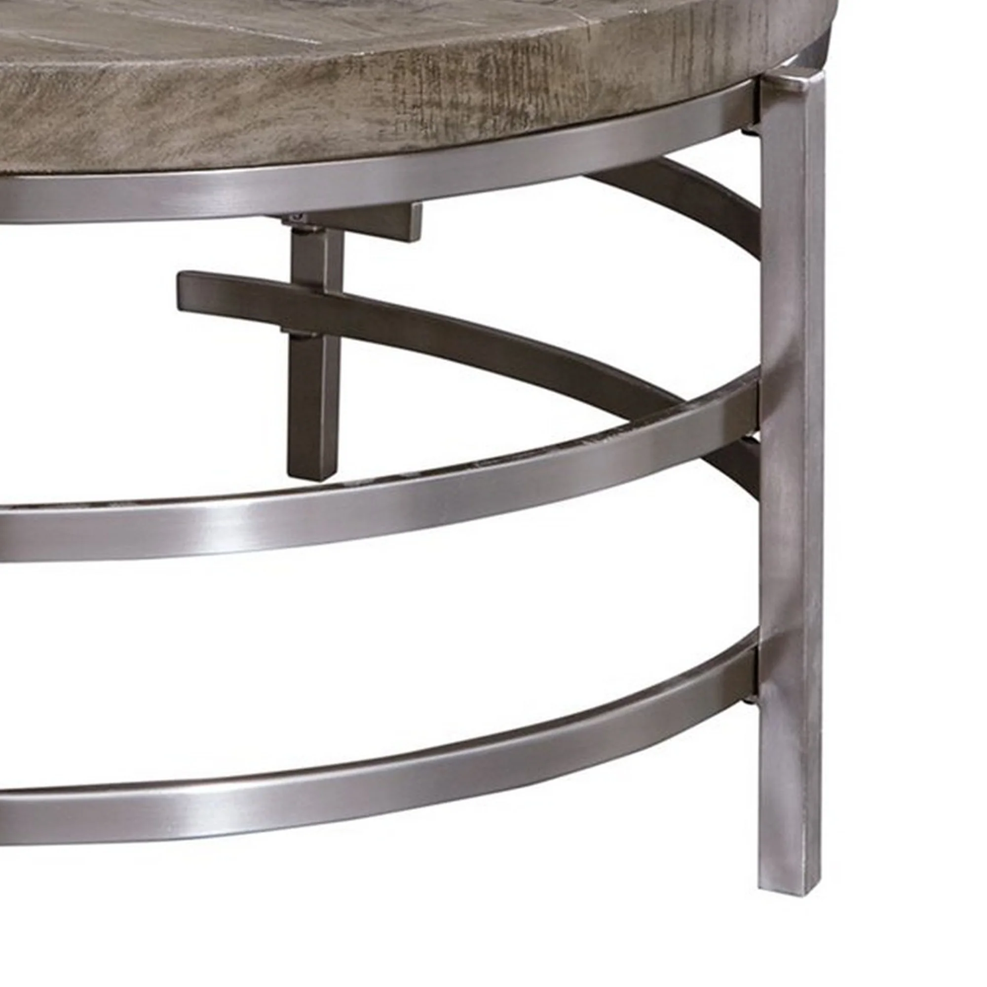 Wood Top Round Cocktail Table With Metal Base Brown And Gray By Benzara - Image 4