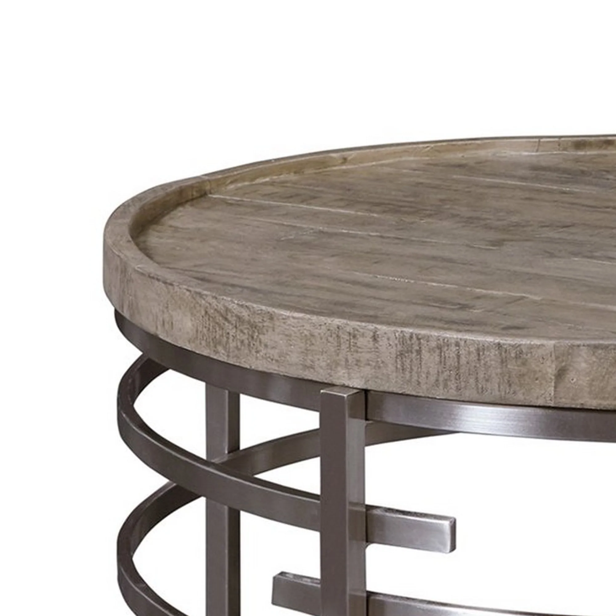 Wood Top Round Cocktail Table With Metal Base Brown And Gray By Benzara - Image 5