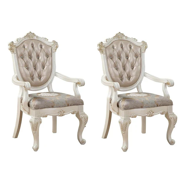 Wooden Arm Chair with Floral Patterned Padded Seat, Set of 2,White and Gold - BM221497 By Benzara - Image 2