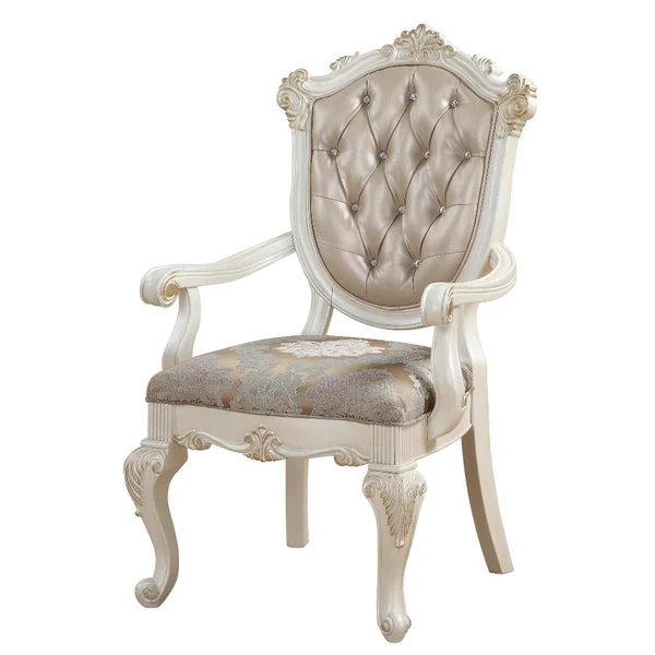 Wooden Arm Chair with Floral Patterned Padded Seat, Set of 2,White and Gold - BM221497 By Benzara - Image 3