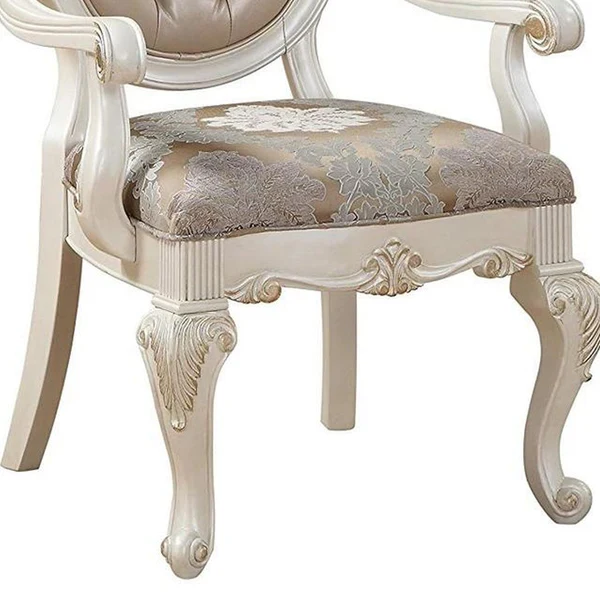 Wooden Arm Chair with Floral Patterned Padded Seat, Set of 2,White and Gold - BM221497 By Benzara - Image 4