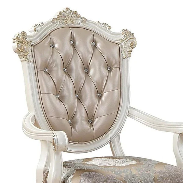 Wooden Arm Chair with Floral Patterned Padded Seat, Set of 2,White and Gold - BM221497 By Benzara - Image 5