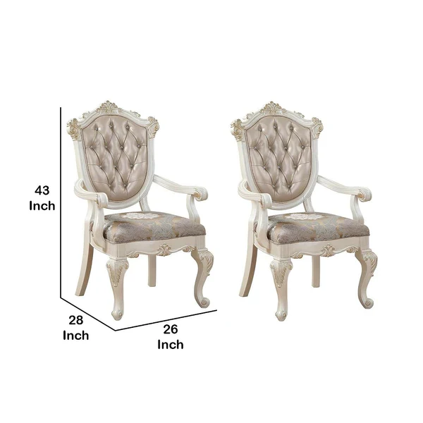Wooden Arm Chair with Floral Patterned Padded Seat, Set of 2,White and Gold - BM221497 By Benzara - Image 6