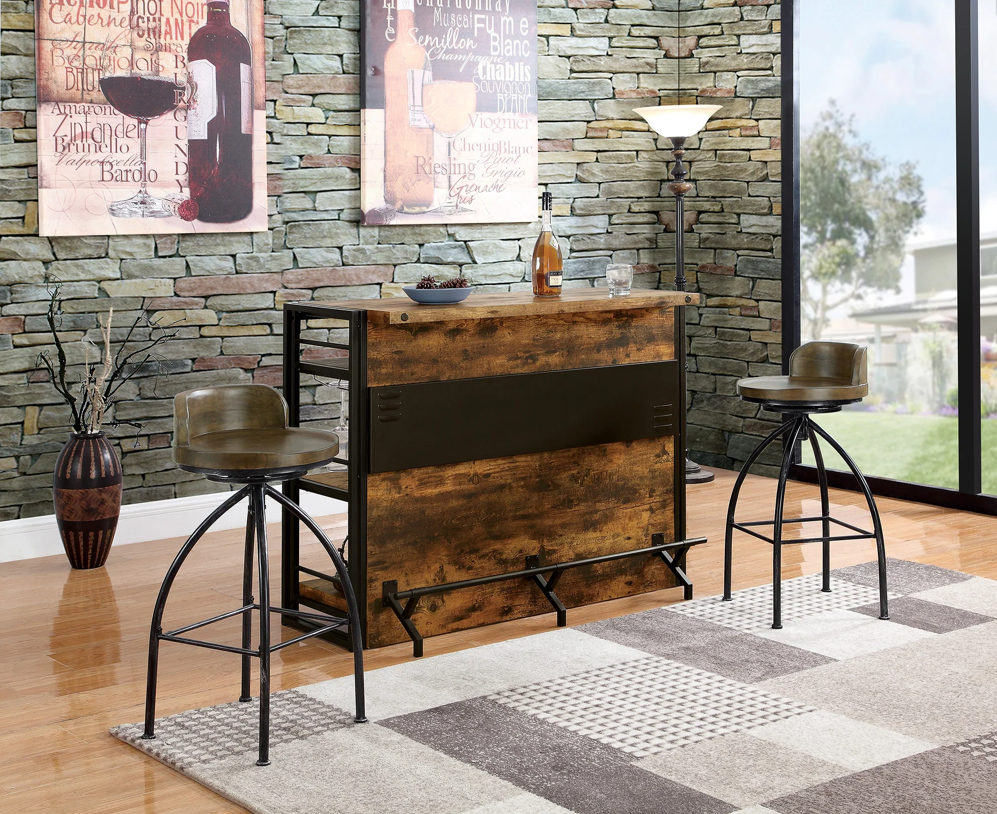 Wooden Bar Unit With Stemware Rack, Wire Brushed Black By Benzara - Image 3