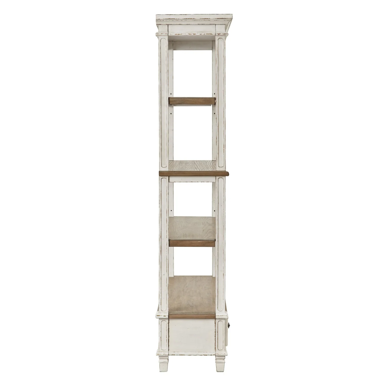 Wooden Bookcase with 4 Tier Shelves and Bottom Drawer, Brown and White By Benzara - Image 4
