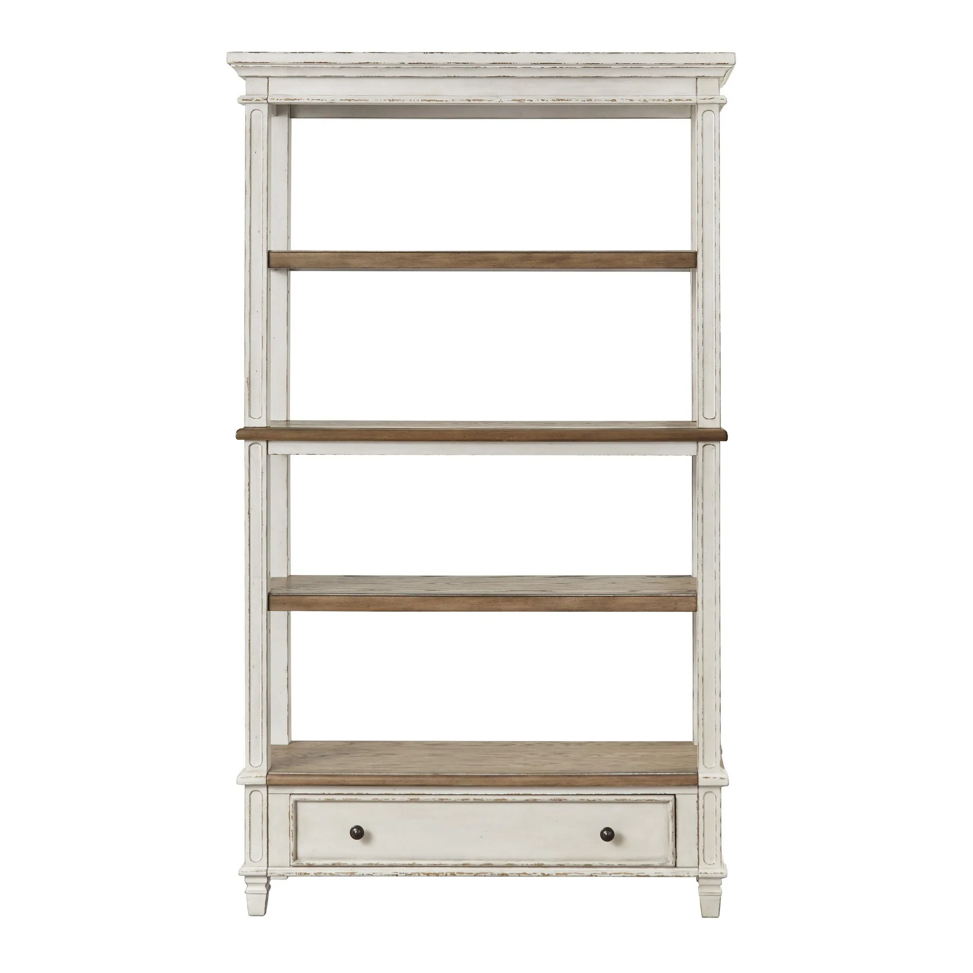 Wooden Bookcase with 4 Tier Shelves and Bottom Drawer, Brown and White By Benzara - Image 6