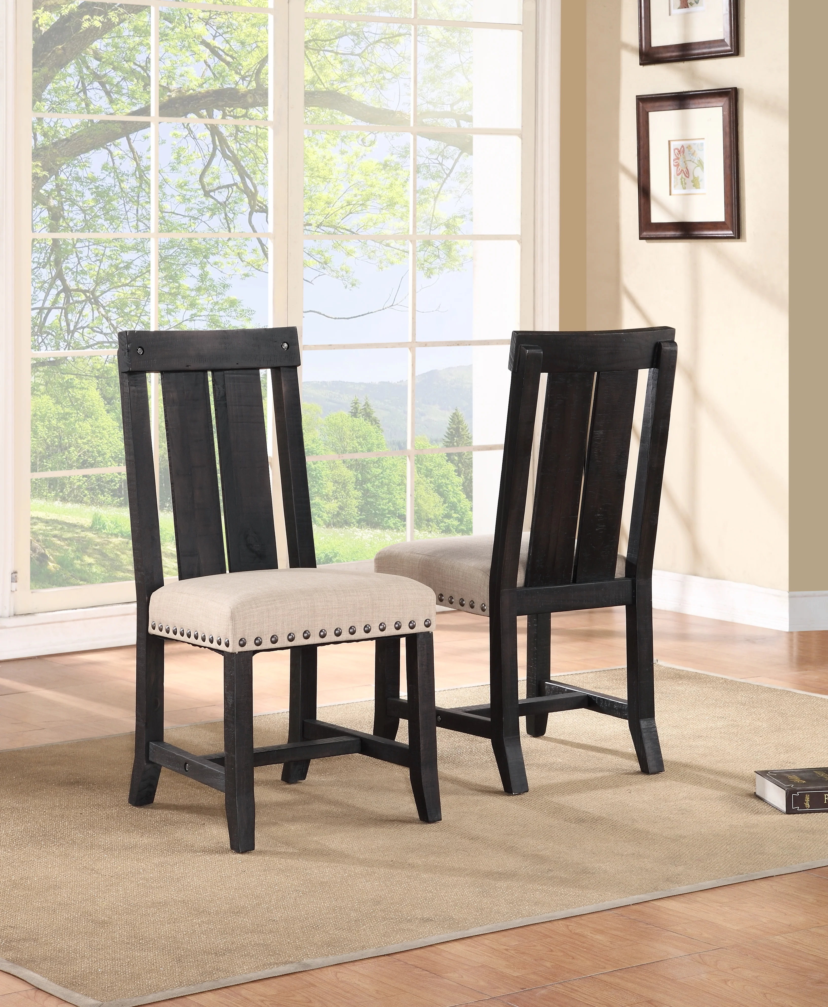 Wooden Chair with Fabric Upholstered Seat and Slat Style Back, Set of 2, Black and Beige By Benzara - Image 2