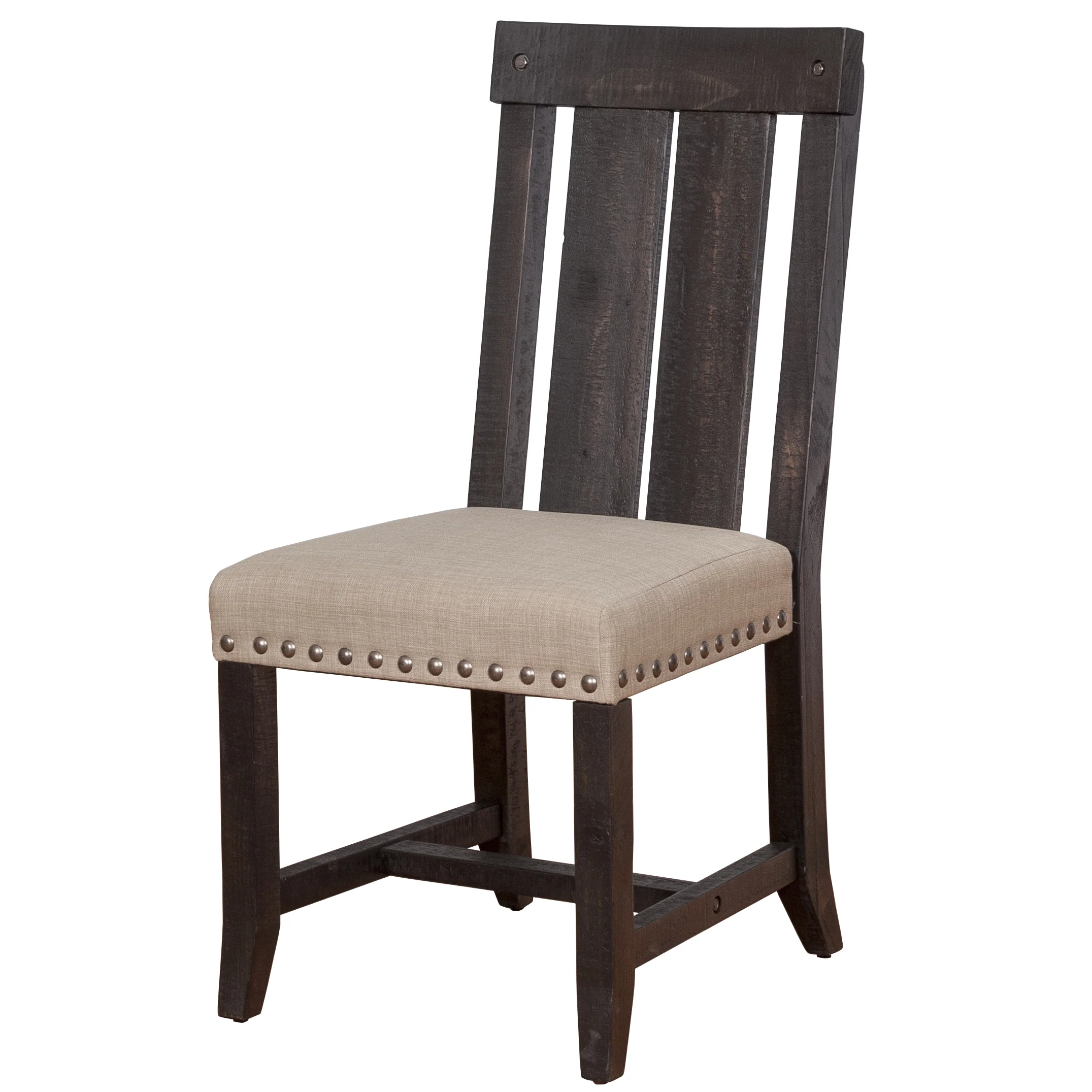 Wooden Chair with Fabric Upholstered Seat and Slat Style Back, Set of 2, Black and Beige By Benzara - Image 4