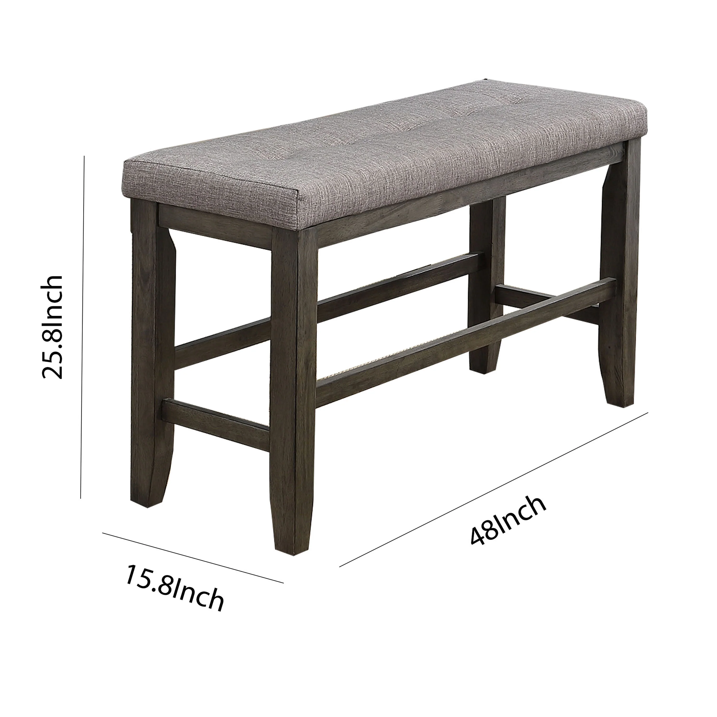 Wooden Counter Height Bench With Fabric Upholstered Seat, Brown And Gray By Benzara - Image 5