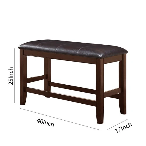 Wooden Counter Height Bench With Leatherette Seat, Brown By Benzara - Image 5