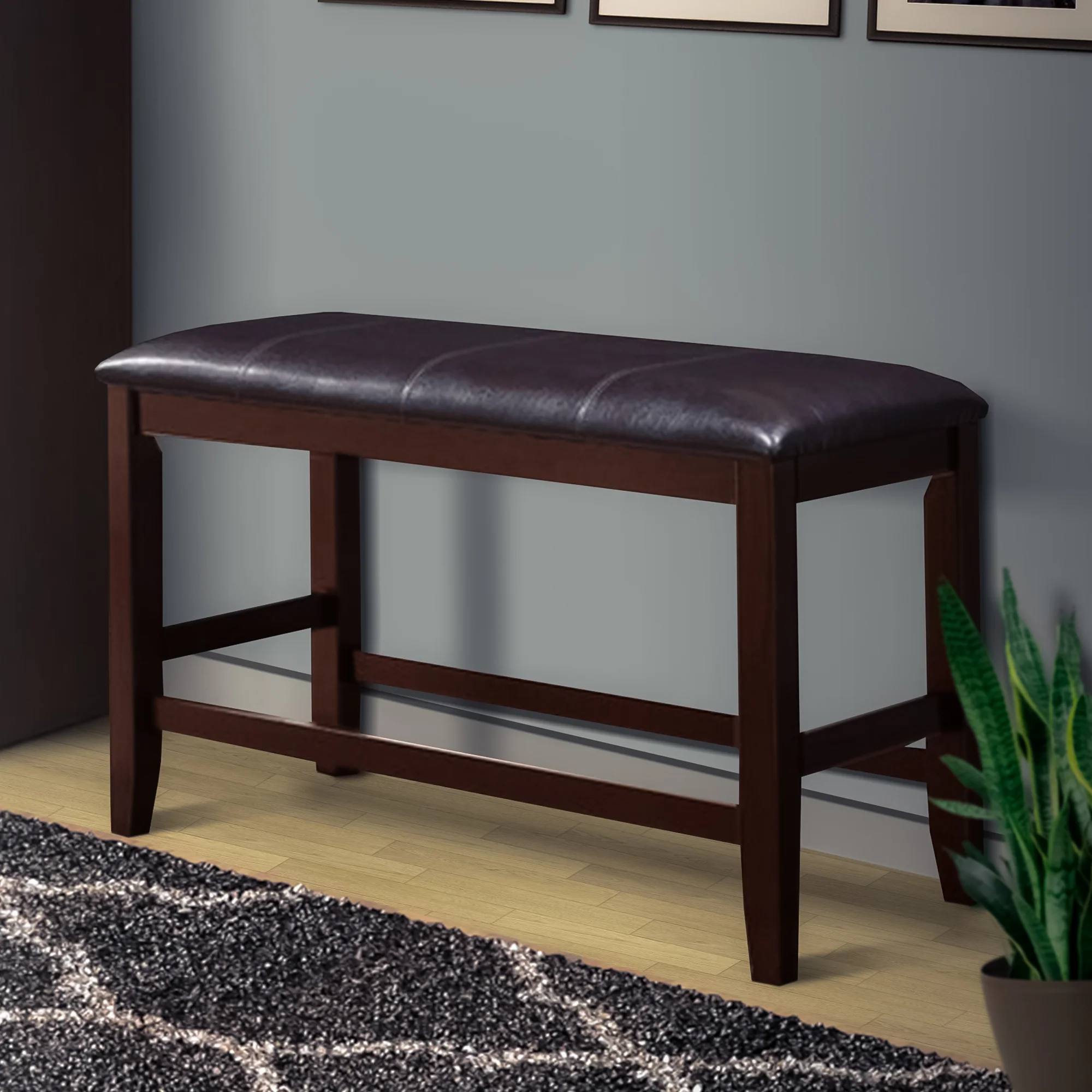 Wooden Counter Height Bench With Leatherette Seat, Brown By Benzara - Image 6