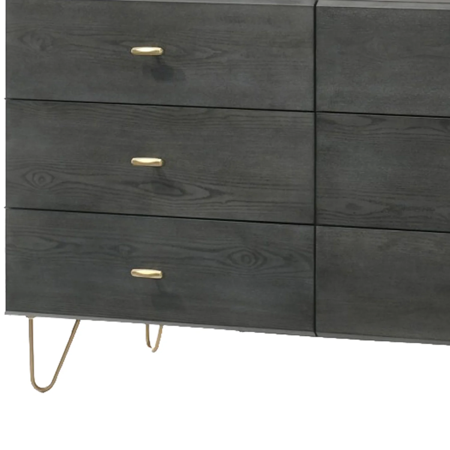 Wooden Dresser with 6 Drawers and Metal Hairpin Legs, Gray and Gold By Benzara - Image 2