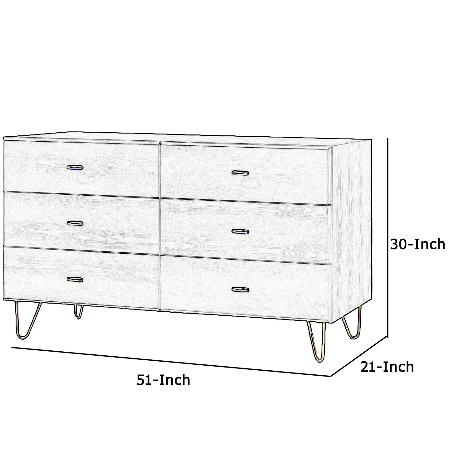 Wooden Dresser with 6 Drawers and Metal Hairpin Legs, Gray and Gold By Benzara - Image 5