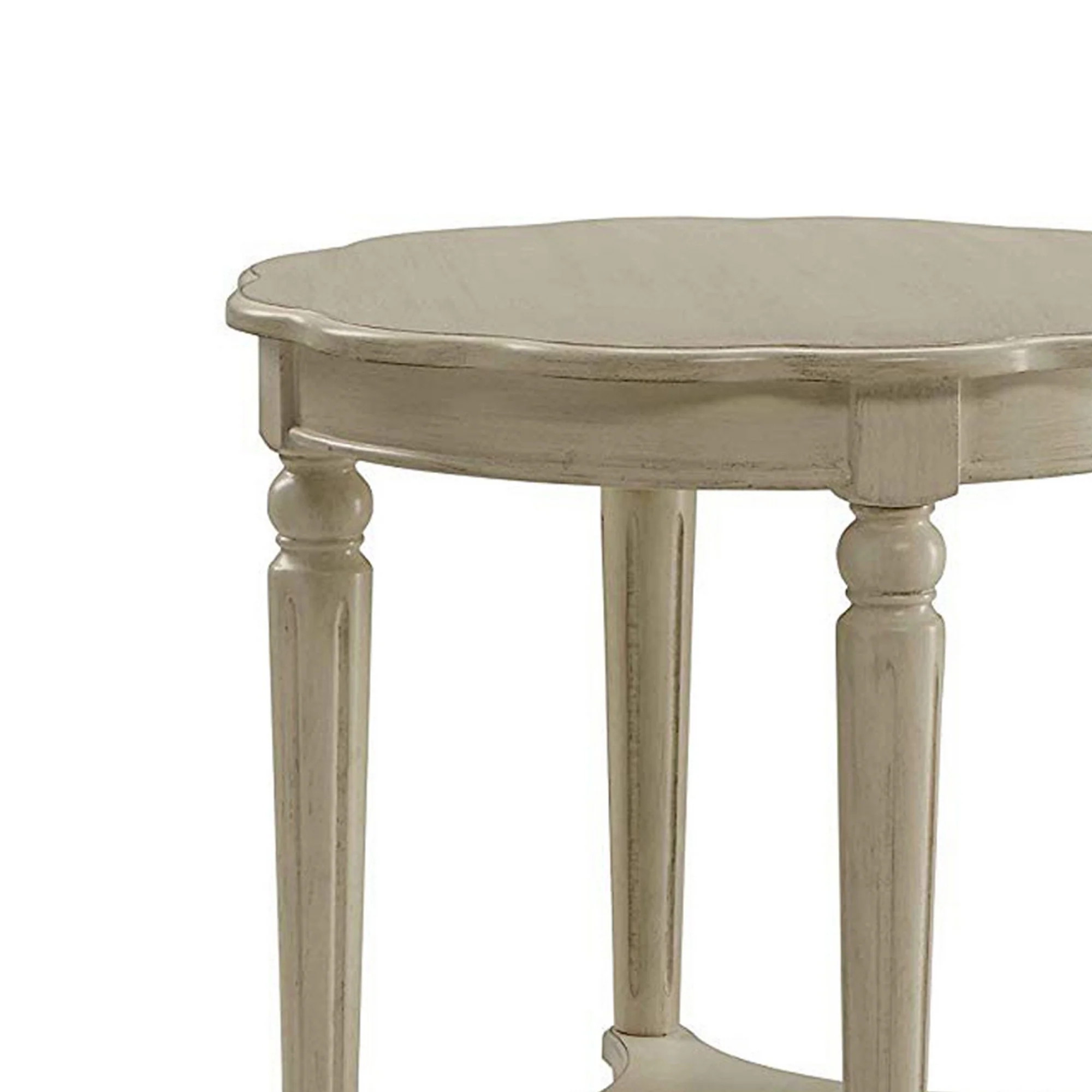 Wooden End Table With Scalloped Round Top And Turned Legs, Antique White By Benzara - Image 2