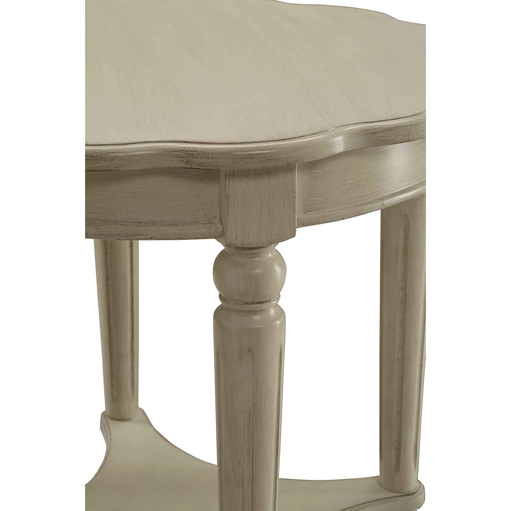 Wooden End Table With Scalloped Round Top And Turned Legs, Antique White By Benzara - Image 3