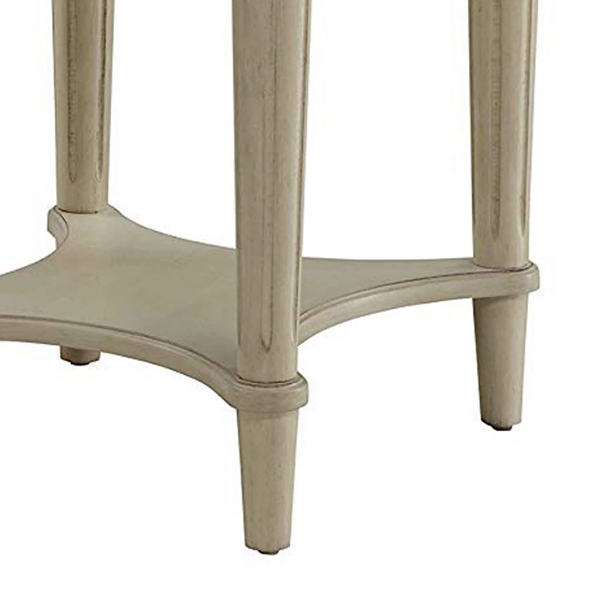 Wooden End Table With Scalloped Round Top And Turned Legs, Antique White By Benzara - Image 4