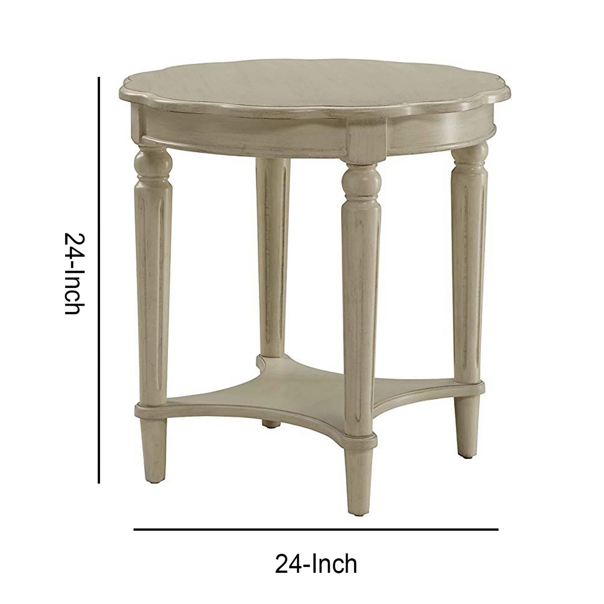 Wooden End Table With Scalloped Round Top And Turned Legs, Antique White By Benzara - Image 5