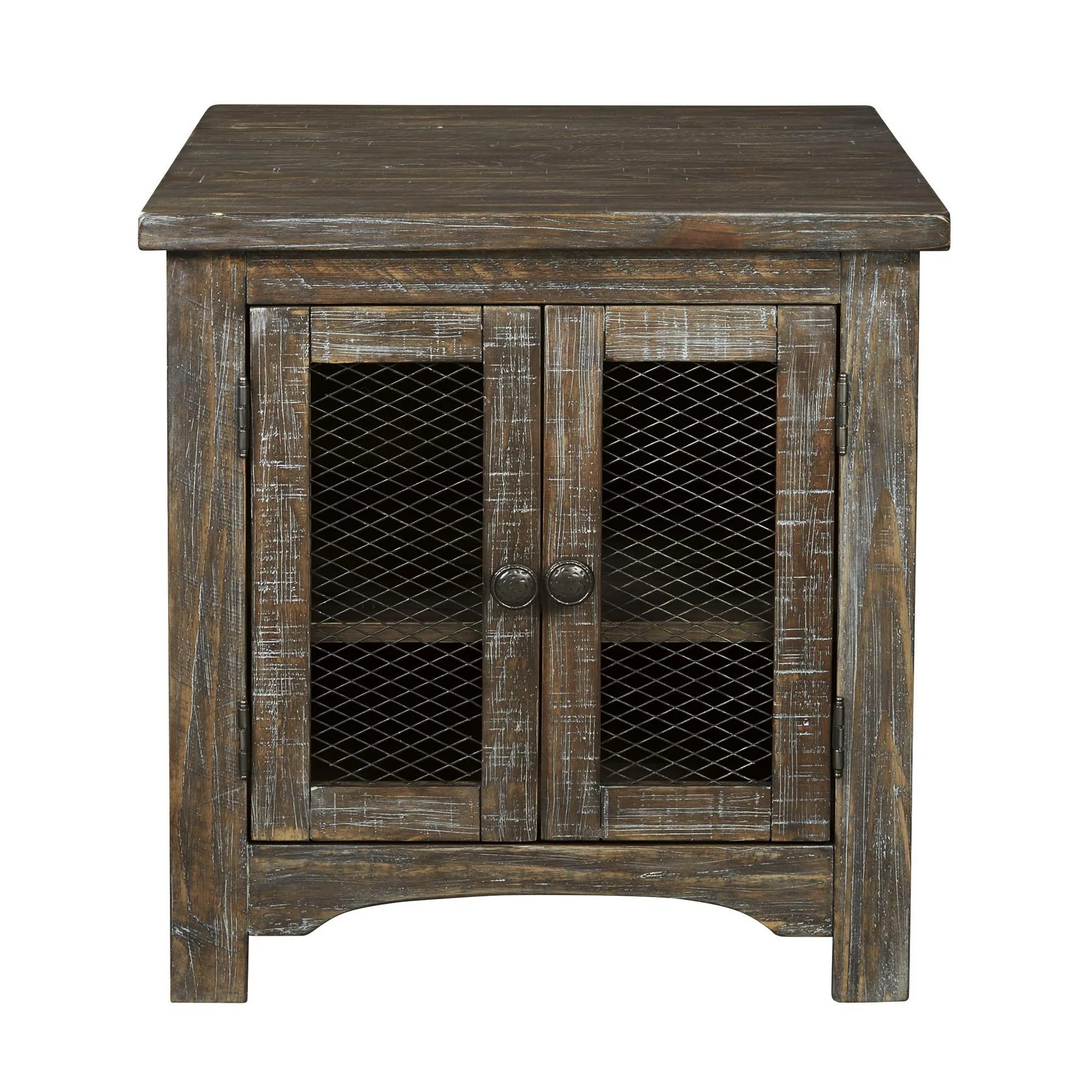 Wooden End Table with Wire Mesh Cabinet and Adjustable Shelf, Brown By Benzara - Image 2