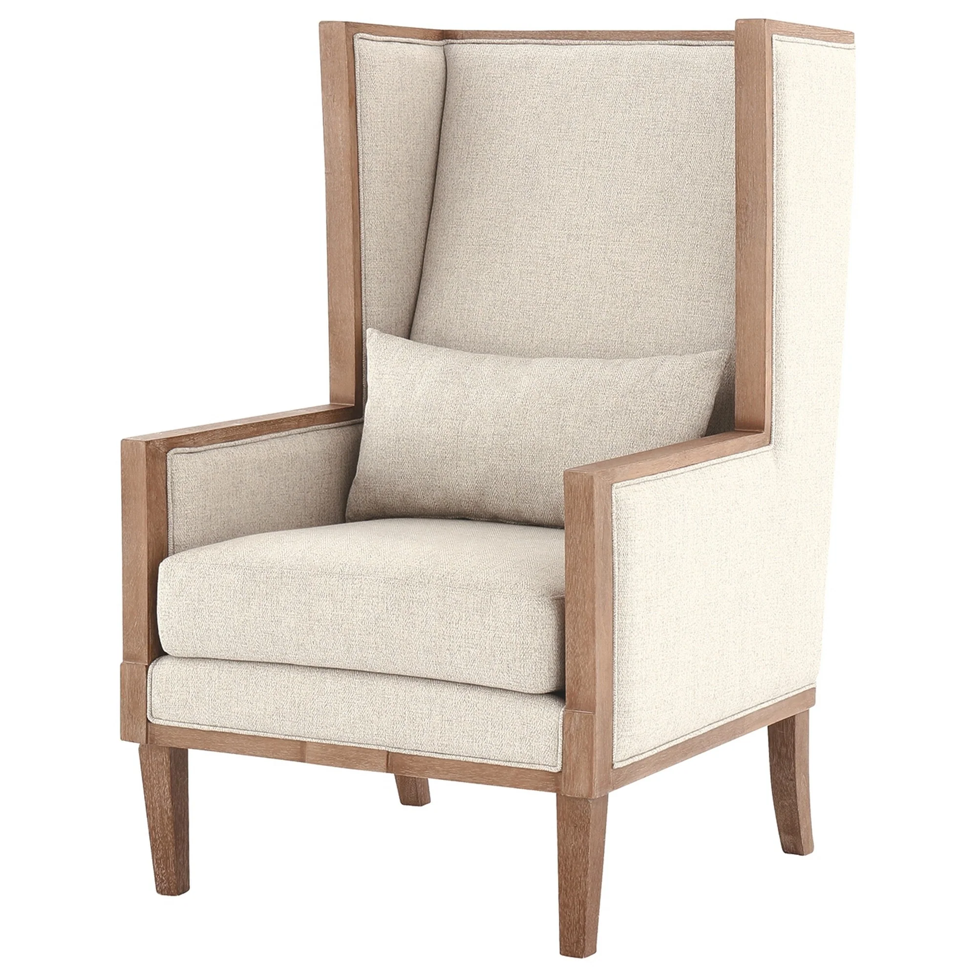 Wooden Frame Accent Chair With High Wingback And Track ArmsBeige And Brown By Benzara - Image 4