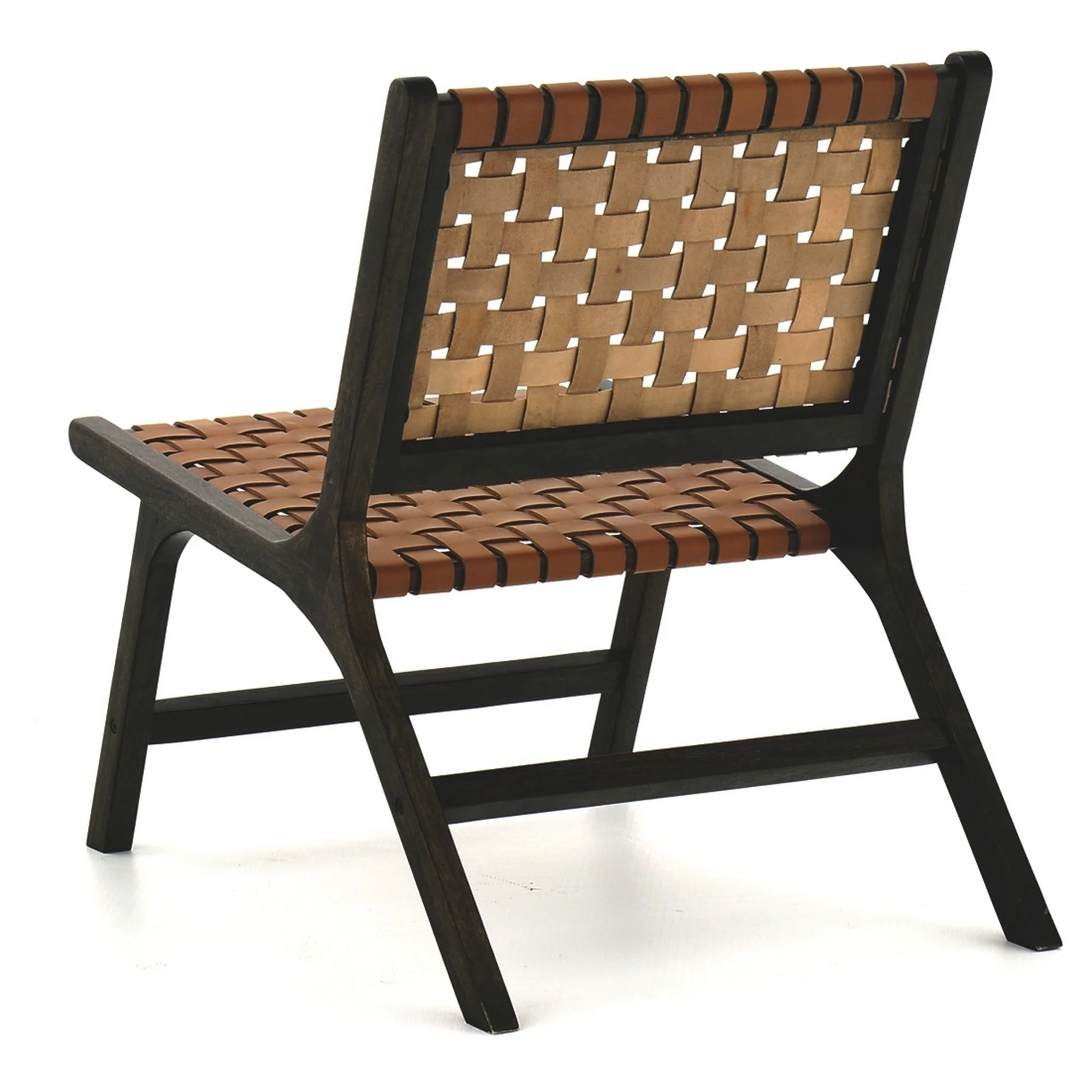 Wooden Frame Accent Chair with Leather Stripe Woven Pattern, Brown By Benzara - Image 2
