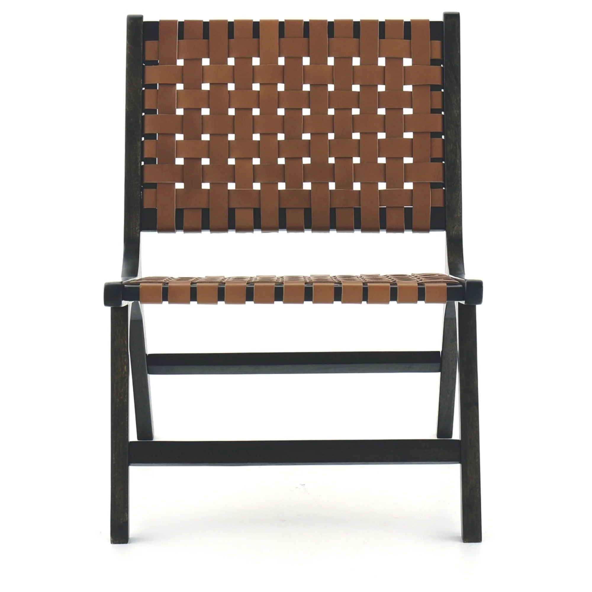 Wooden Frame Accent Chair with Leather Stripe Woven Pattern, Brown By Benzara - Image 4