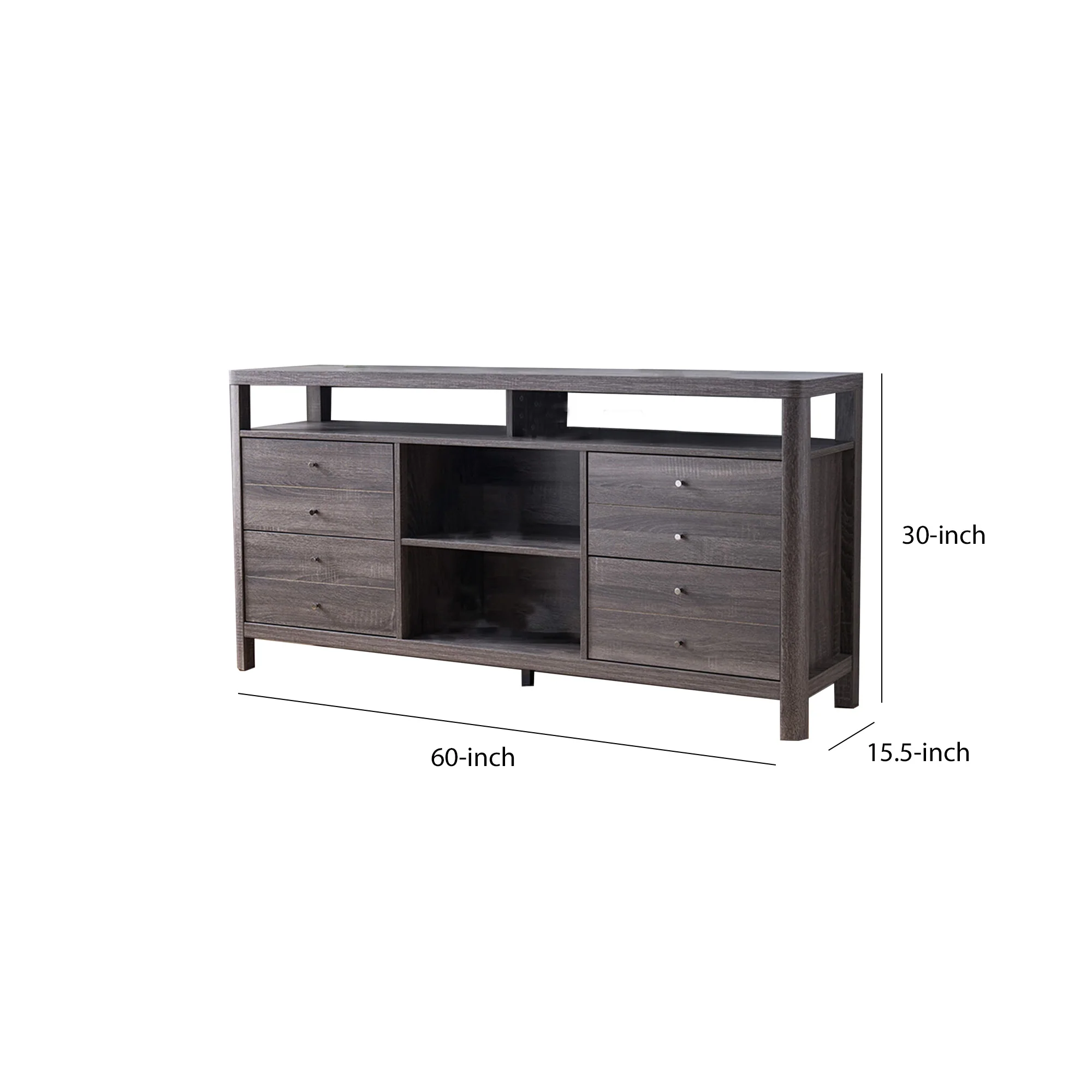 Wooden Frame Buffet With 4 Drawers And 4 Open Compartments, Gray By Benzara - Image 2