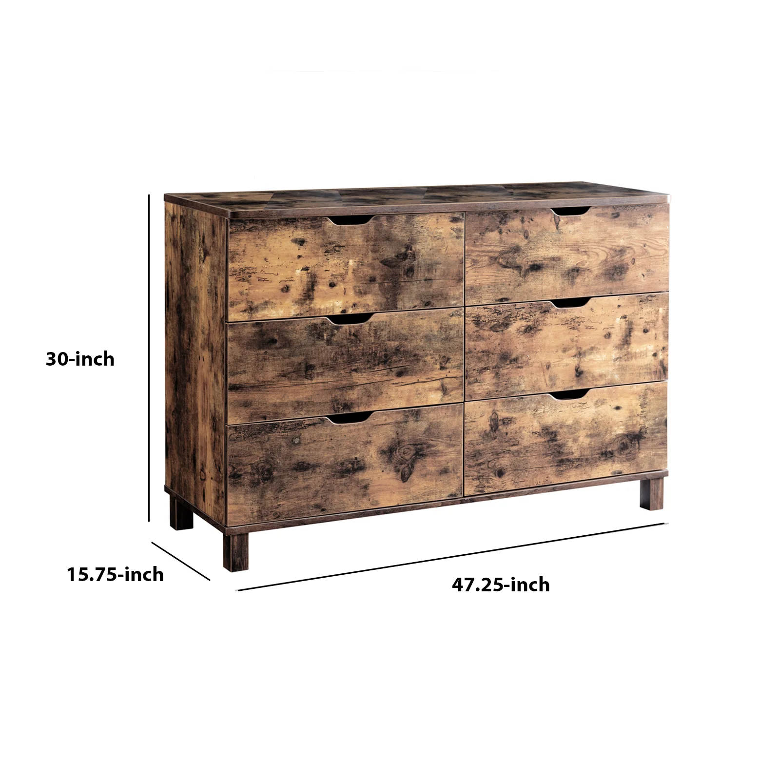 Wooden Frame Dresser With 6 Drawers And Straight Legs, Distressed Brown By Benzara - Image 2