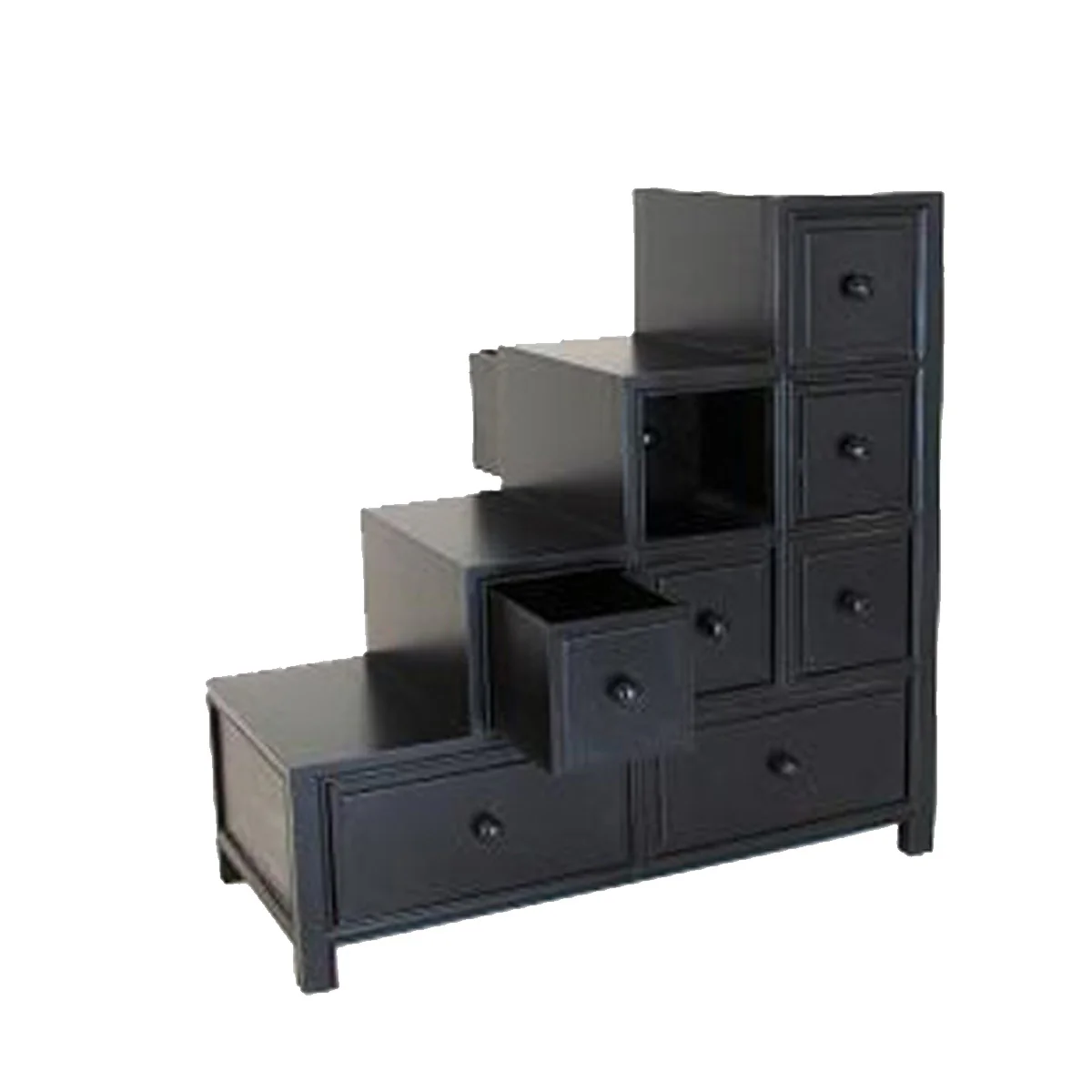 Wooden Frame Reversible Step Chest With 8 Drawers, Antique Black By Benzara - Image 2