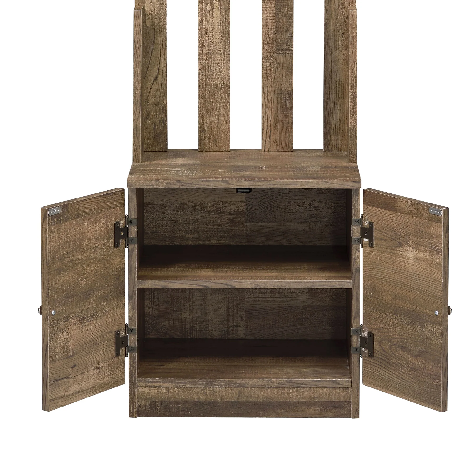 Wooden Hall Tree With 8 Hooks And Bottom Compartment, Weathered Brown By Benzara - Image 2