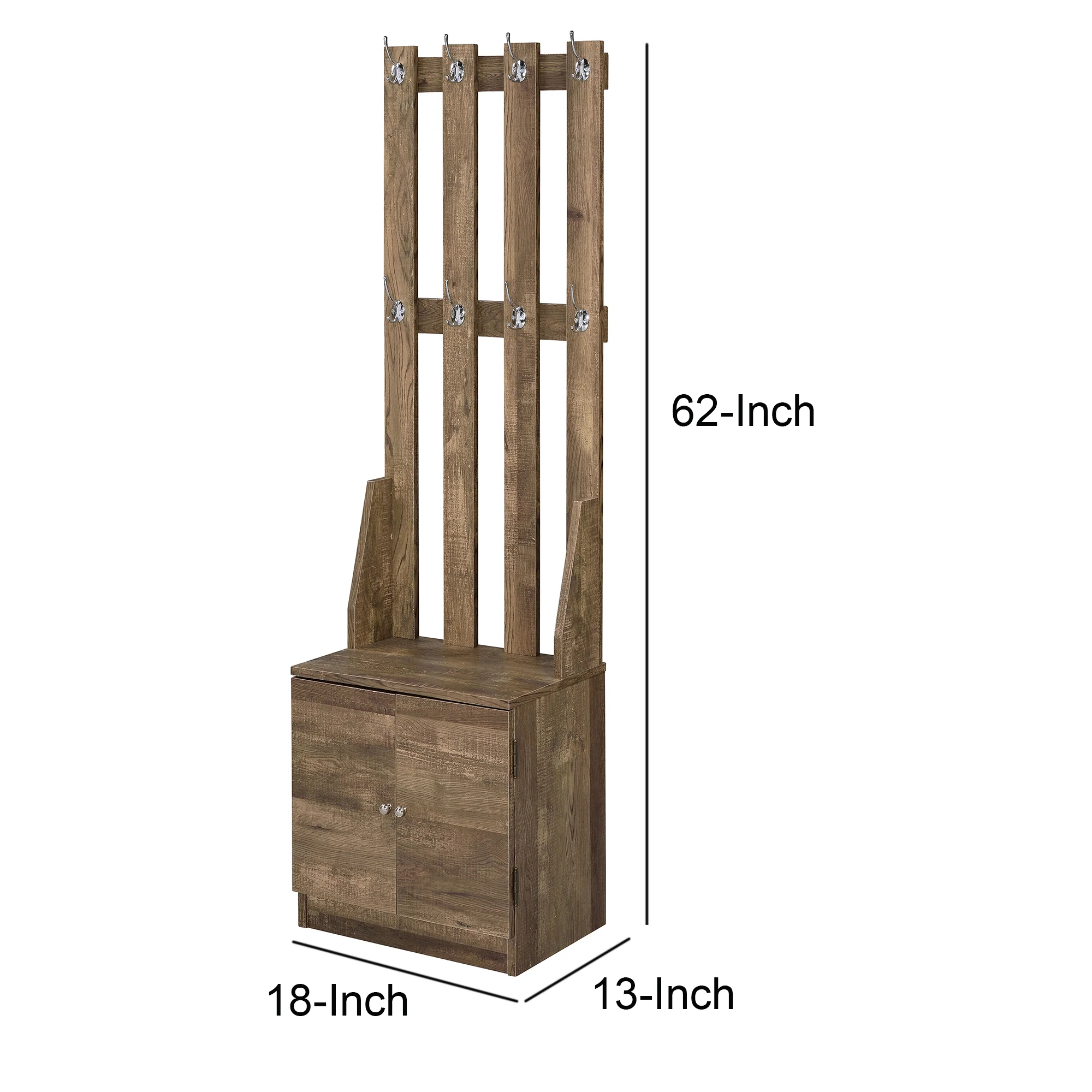 Wooden Hall Tree With 8 Hooks And Bottom Compartment, Weathered Brown By Benzara - Image 3