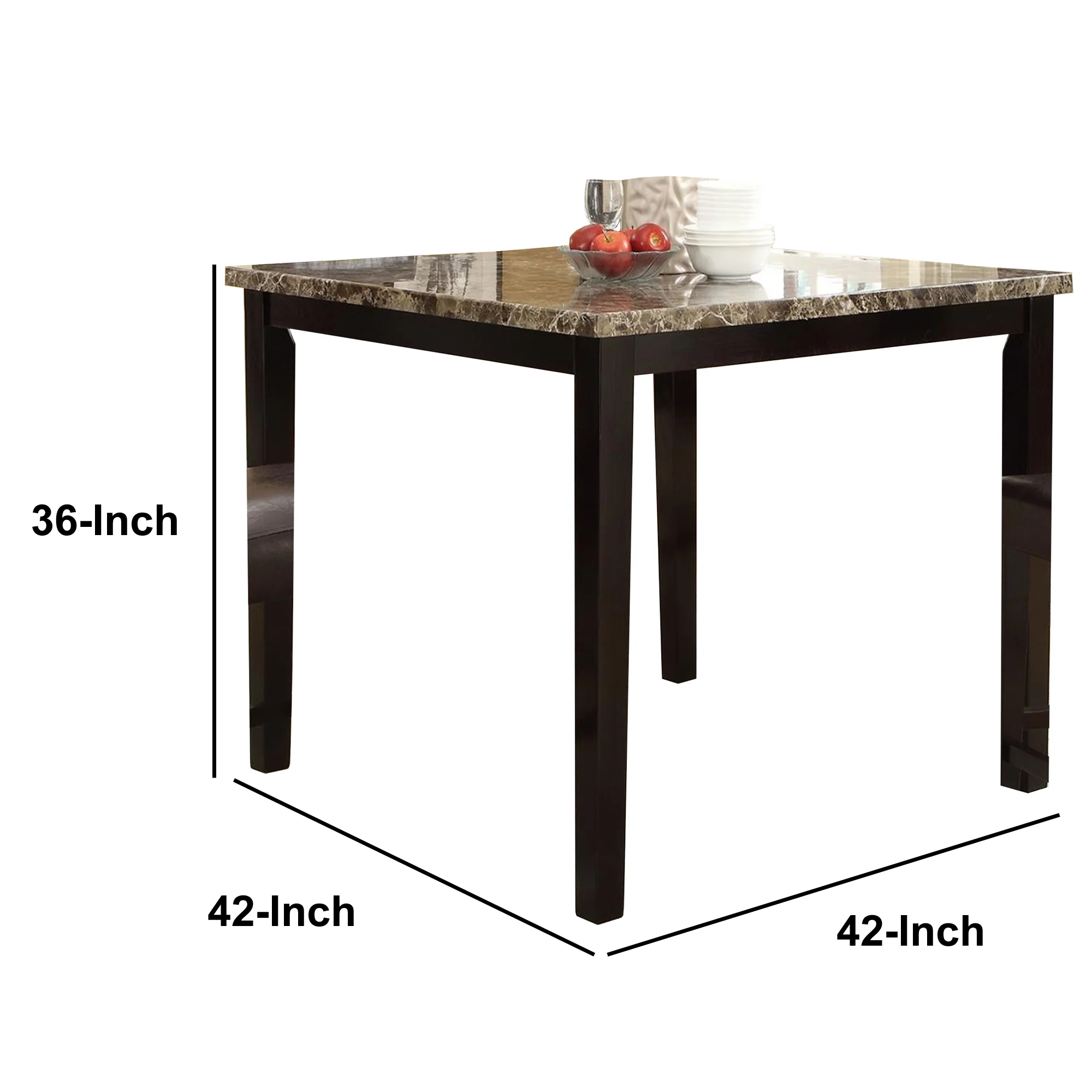Wooden High Table Faux Marble Top, Brown By Benzara - Image 4