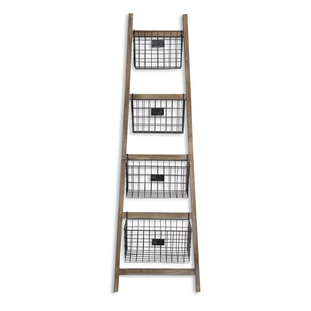 Wooden Ladder Storage Piece with 4 Baskets By Homeroots - Image 3