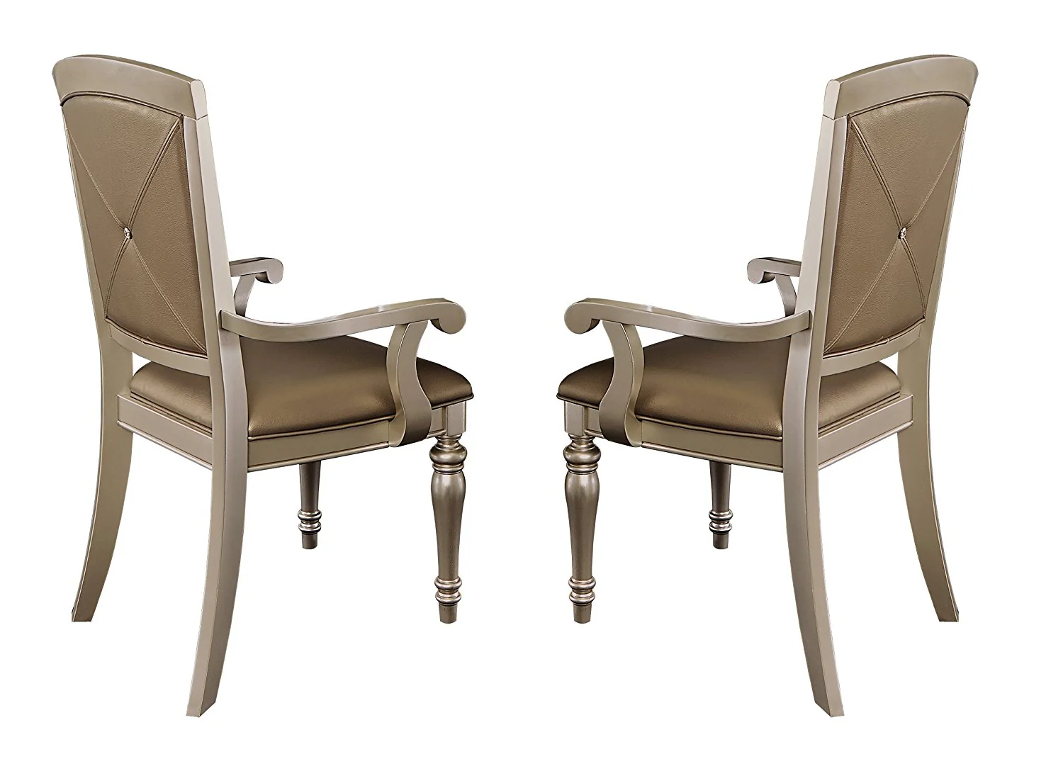 Wooden & Leather Dining Side Arm Chair With Crystal Tufting, Silver, Set Of 2 By Benzara - Image 2