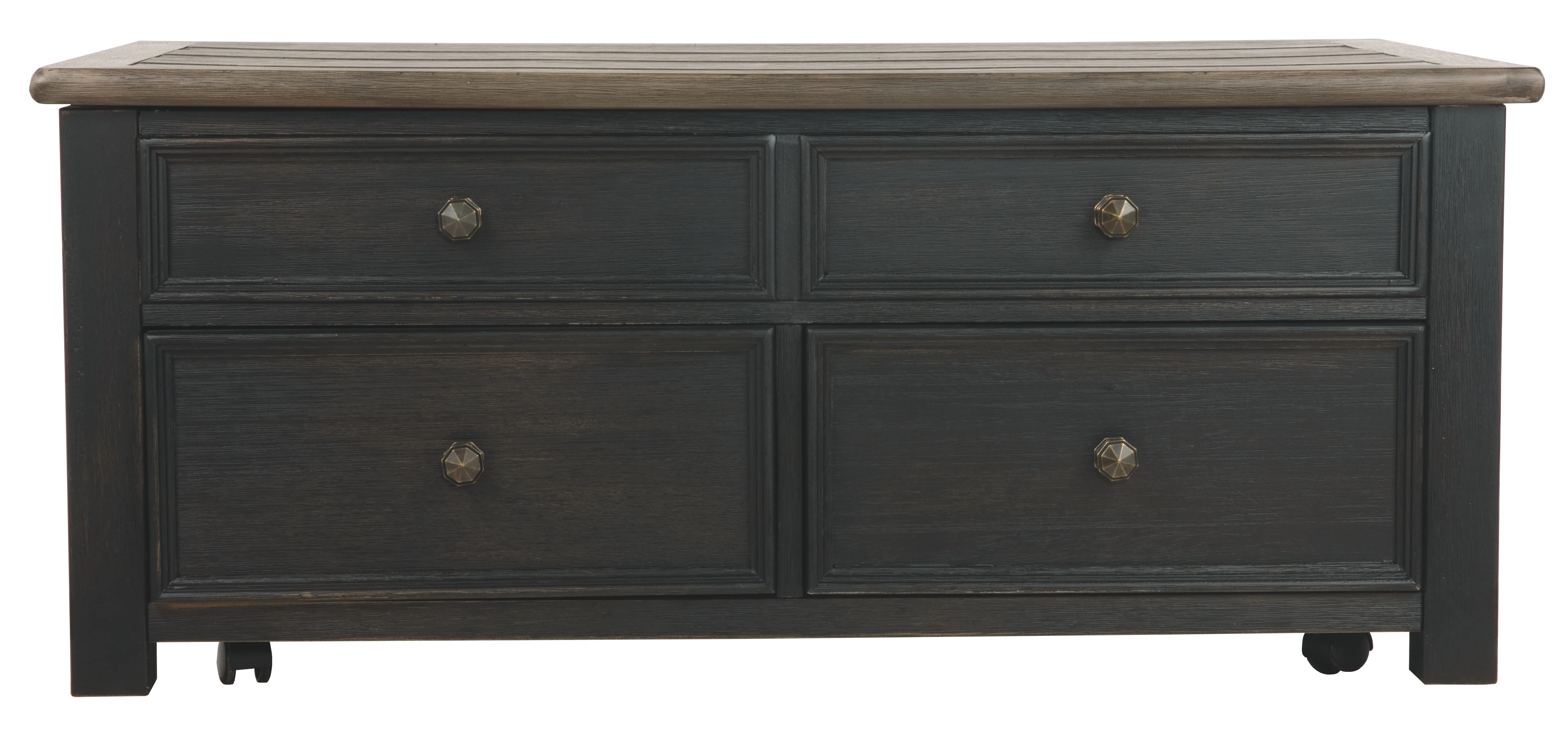 Wooden Lift Top Coffee Table With Drawers And Caster, Black And Brown By Benzara - Image 2