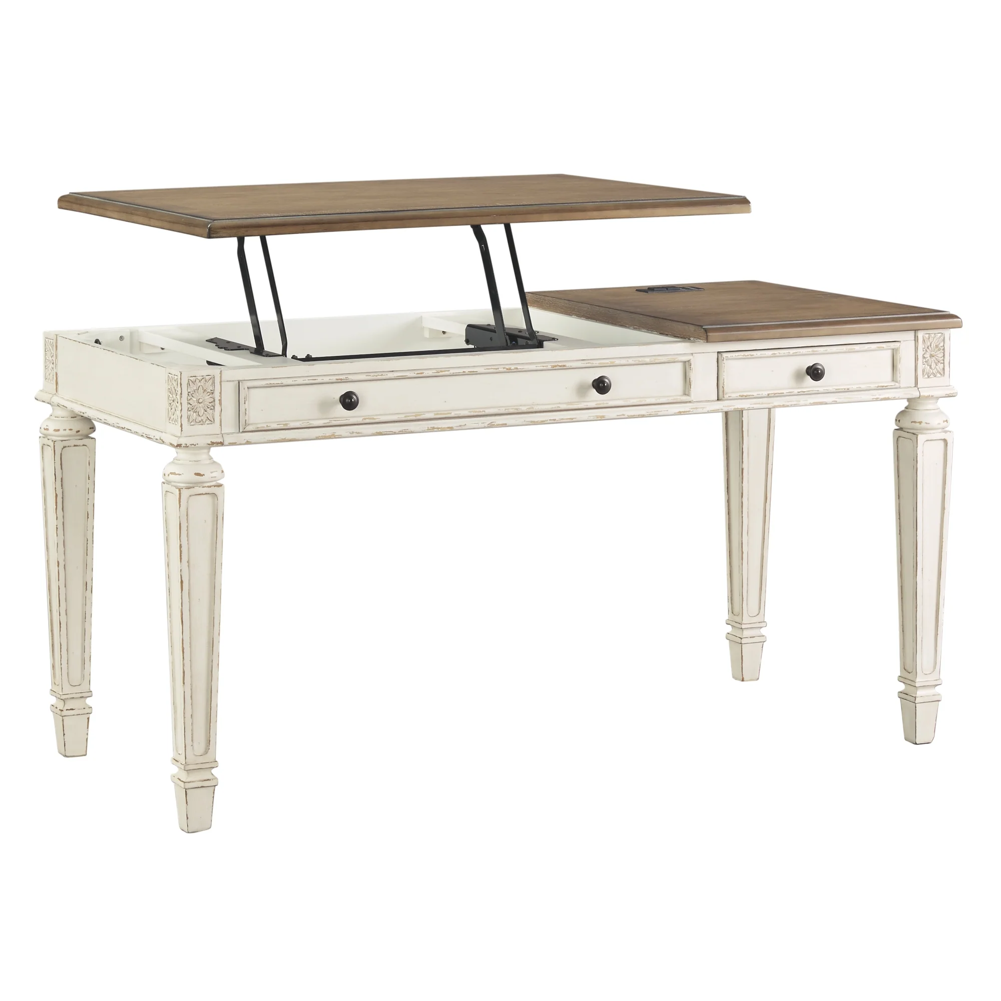 Wooden Lift Top Desk With Textured Finish And Drawers, Brown And White By Benzara - Image 2