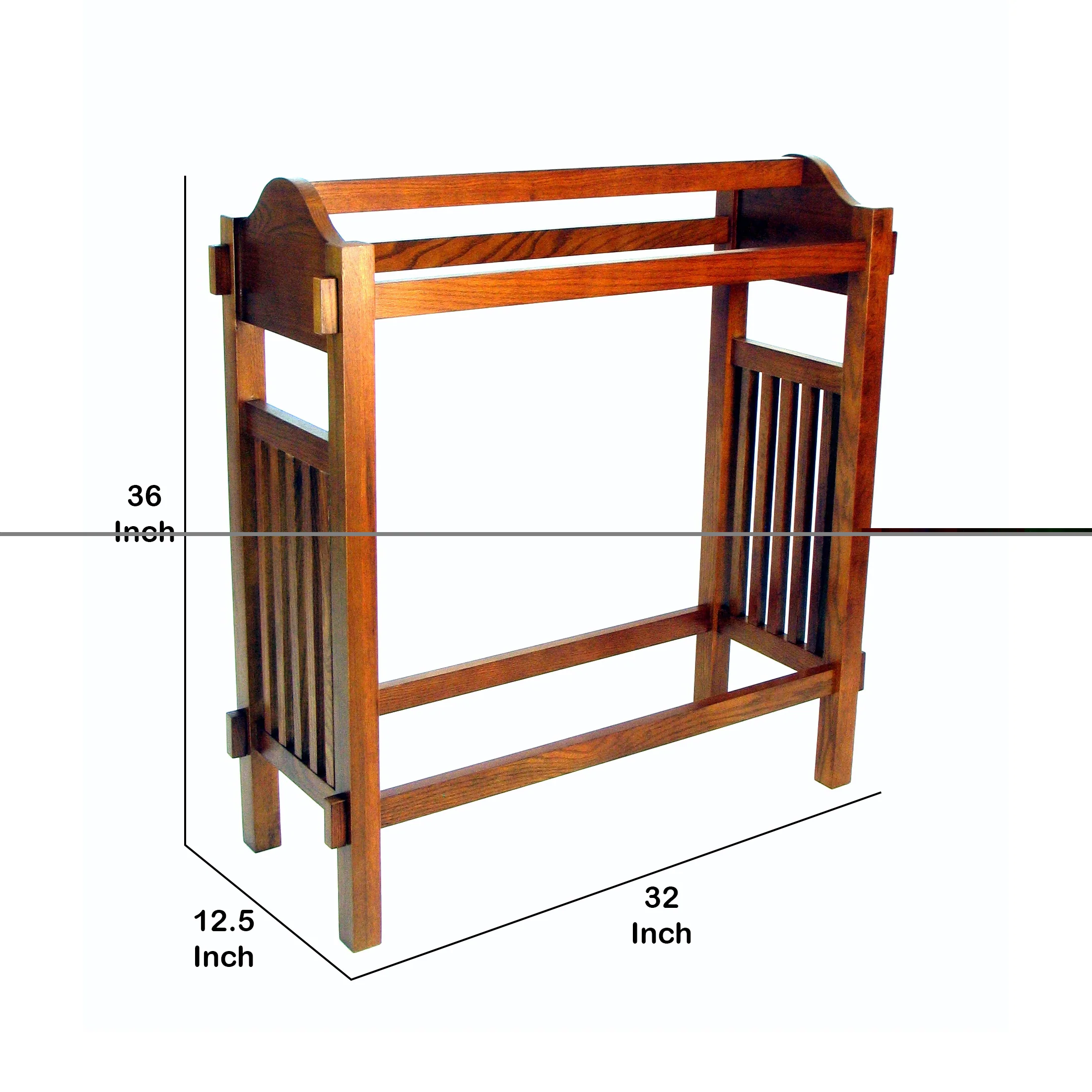 Wooden Mission Style Quilt Rack with 3 Hanging Bars on Scrolled Top, Brown By Benzara - Image 2