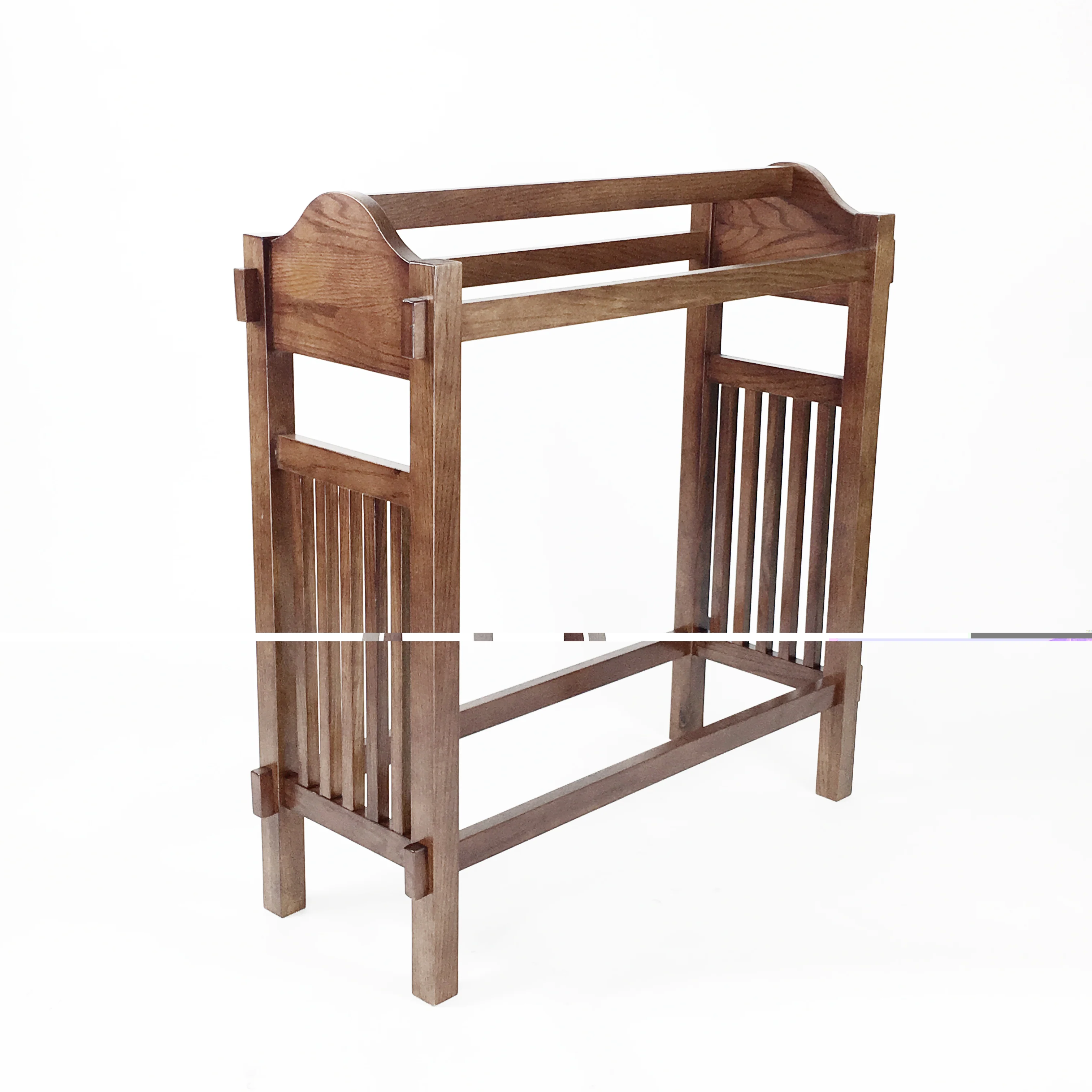 Wooden Mission Style Quilt Rack with 3 Hanging Bars on Scrolled Top, Brown By Benzara - Image 5