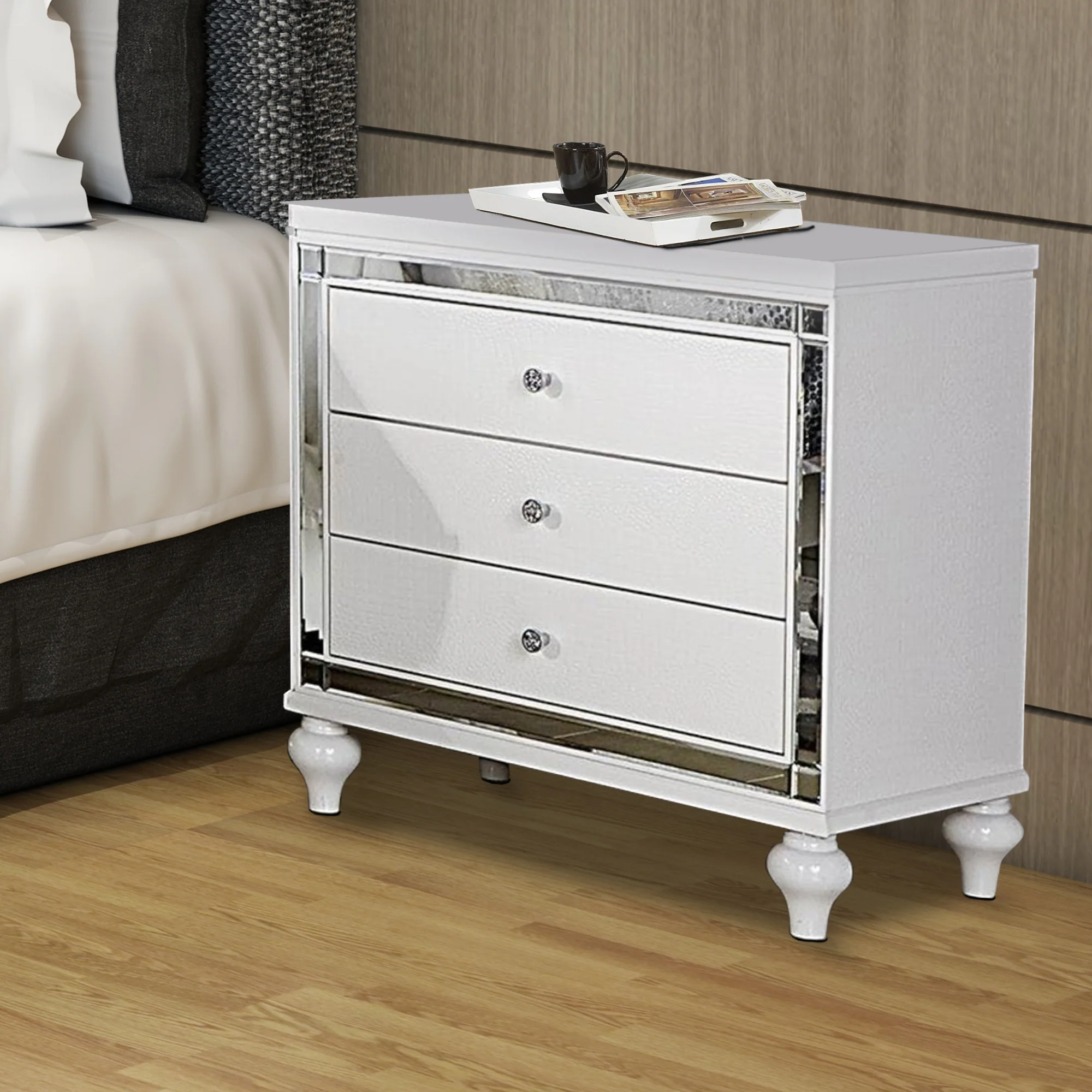 Wooden Night Stand With 3 Drawers In White By Benzara - Image 2