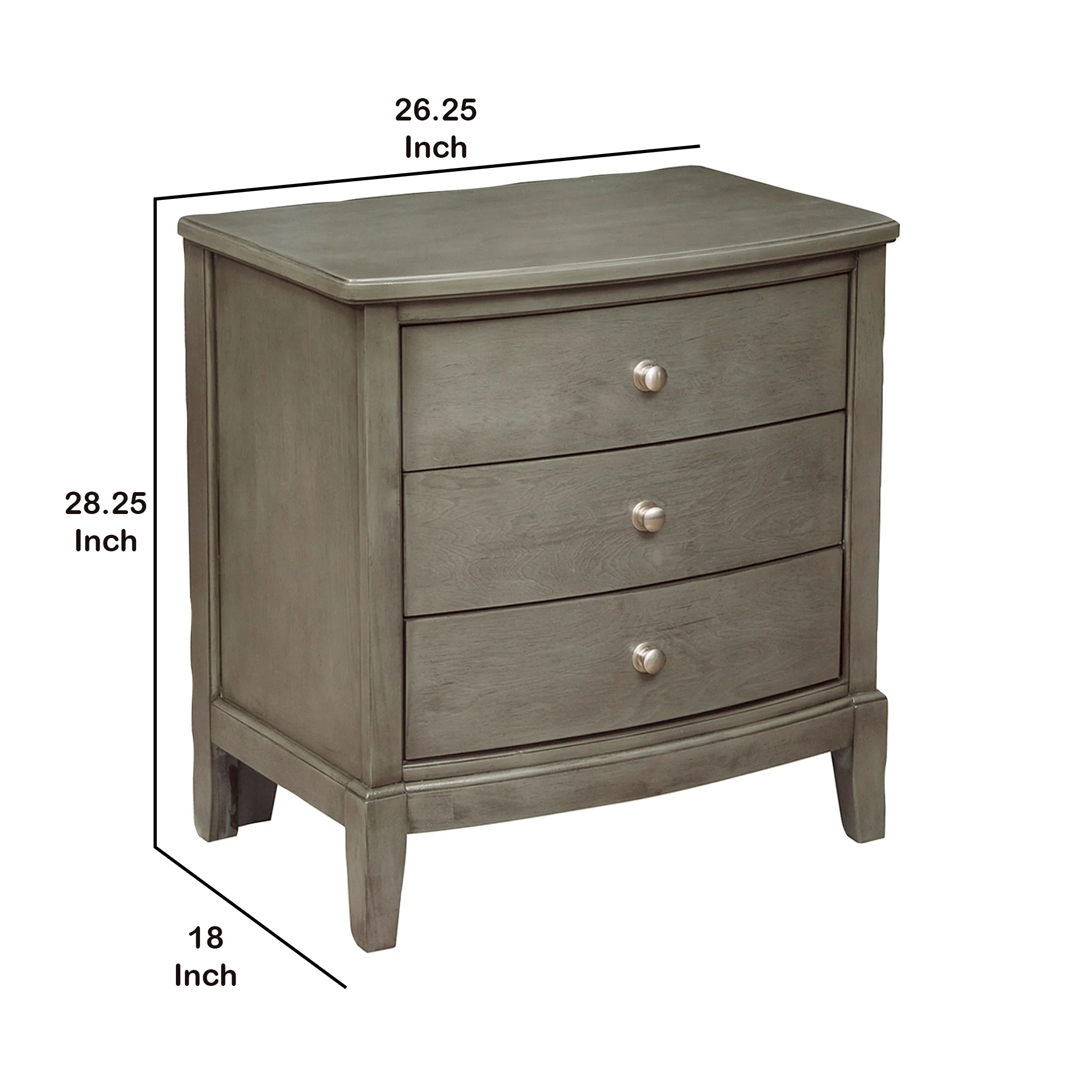 Wooden Nightstand With 3 Spacious Drawers And Knobs, Gray By Benzara - Image 4