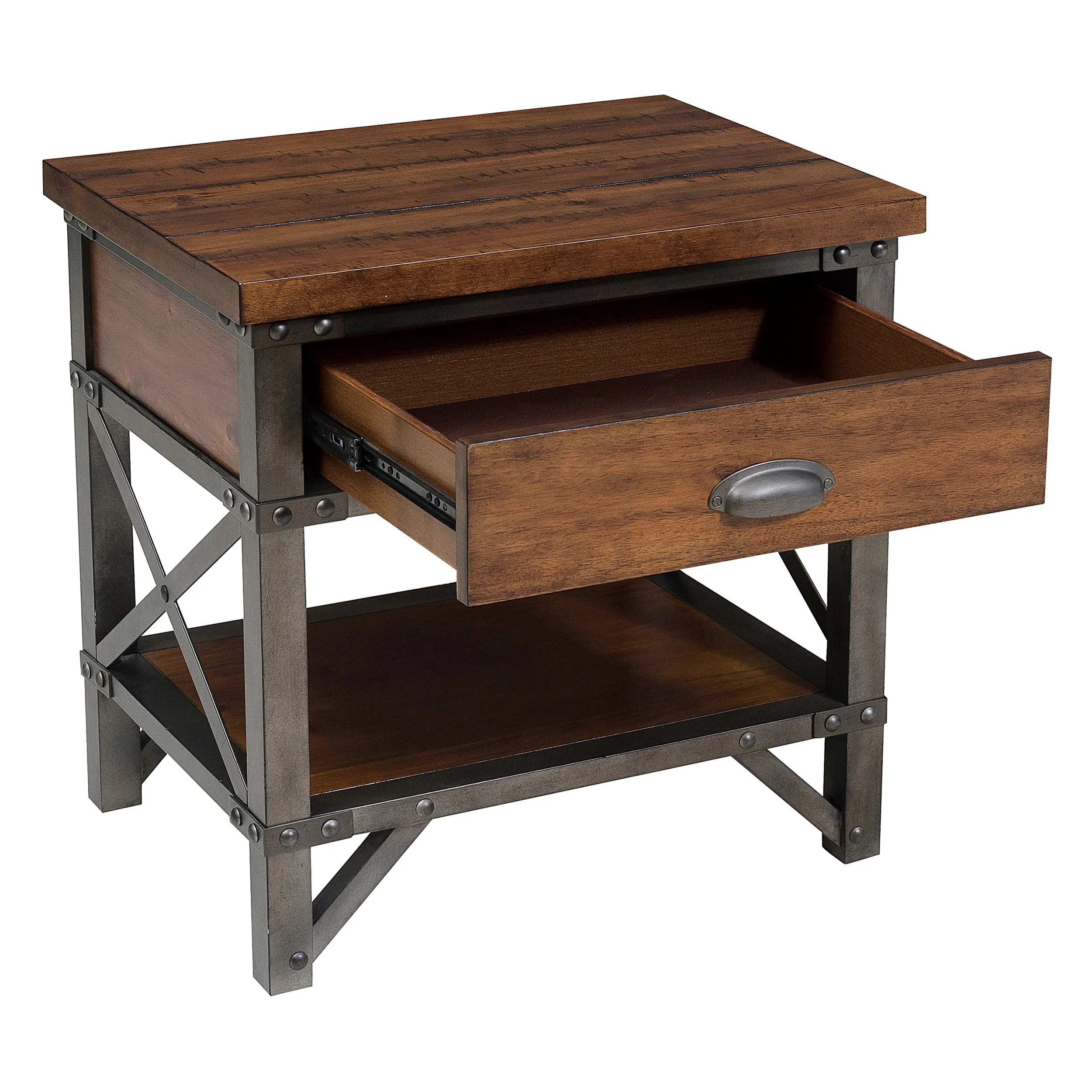 Wooden Nightstand With Metal Block Legs And Open Shelf, Brown By Benzara - Image 4