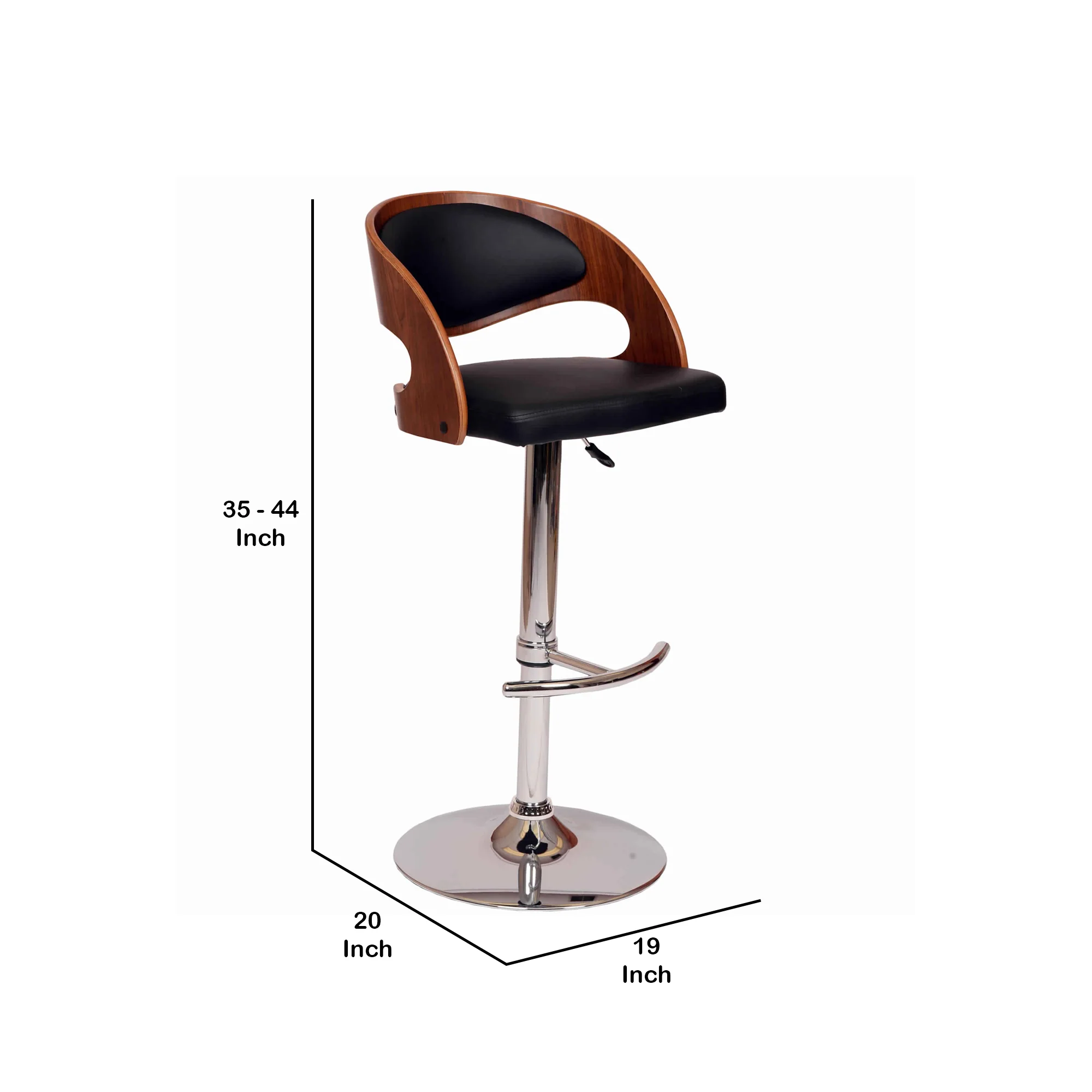 Wooden Open Back Barstool With Adjustable Pedestal Base Black And Brown By Benzara - Image 2