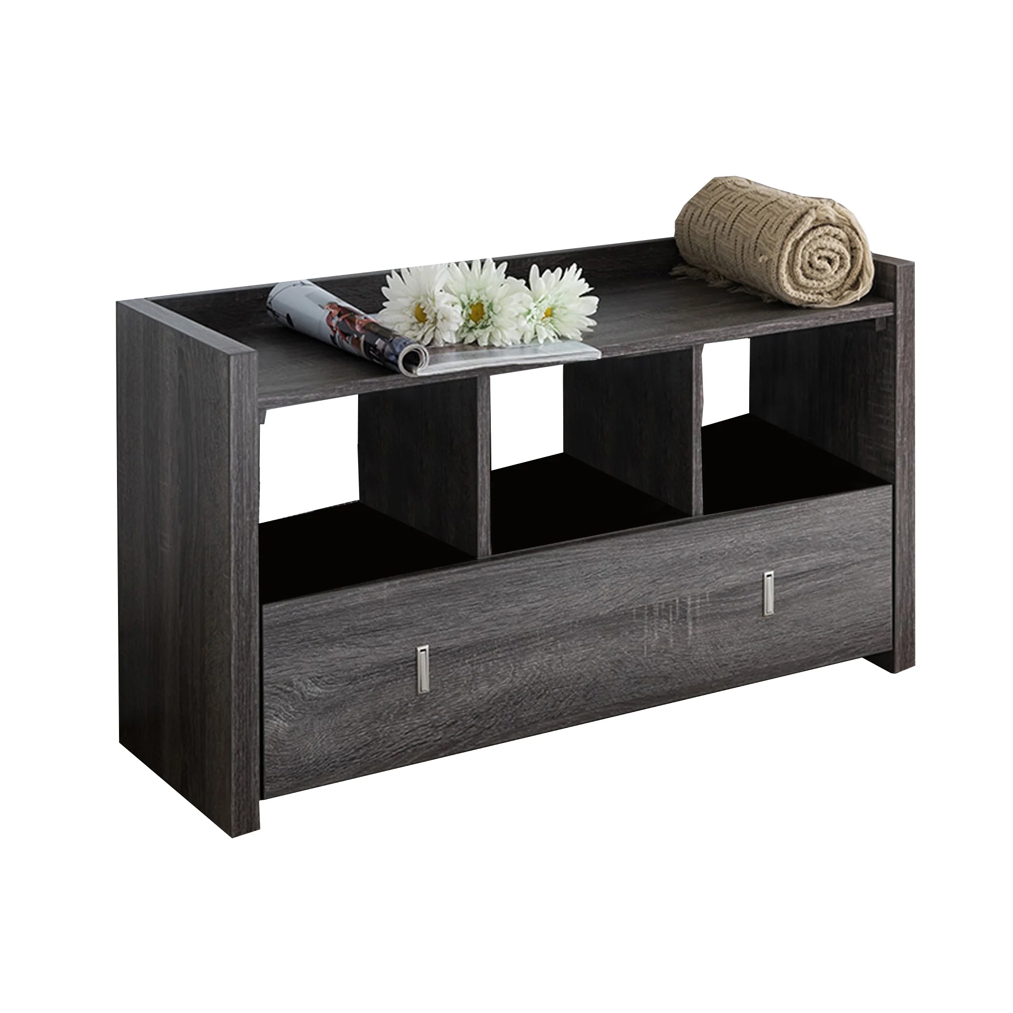 Wooden Shoe Bench With 3 Shelves, Distressed Gray By Benzara - Image 2