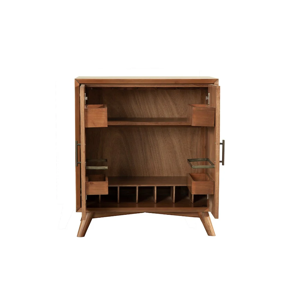 Wooden Small Bar Cabinet with Two Doors and Splayed Legs, Brown By Benzara - Image 2