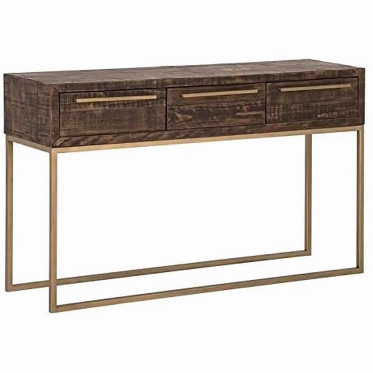 Wooden Sofa Table With 3 Storage Drawers And Metal Base, Brown And Gold By Benzara - Image 2