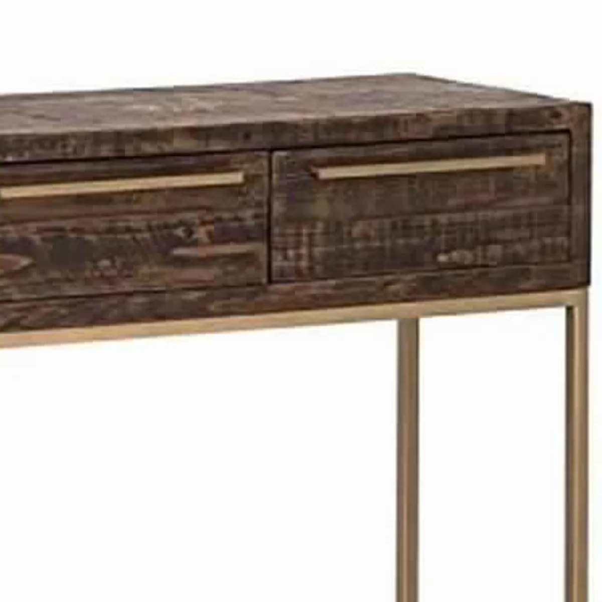 Wooden Sofa Table With 3 Storage Drawers And Metal Base, Brown And Gold By Benzara - Image 4