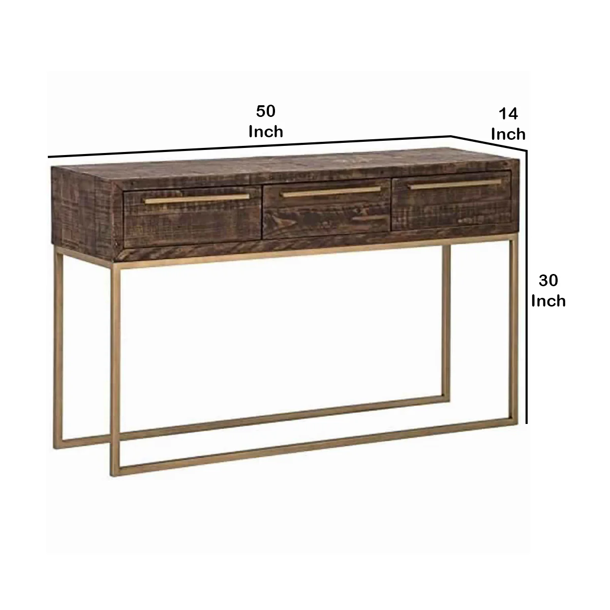 Wooden Sofa Table With 3 Storage Drawers And Metal Base, Brown And Gold By Benzara - Image 6