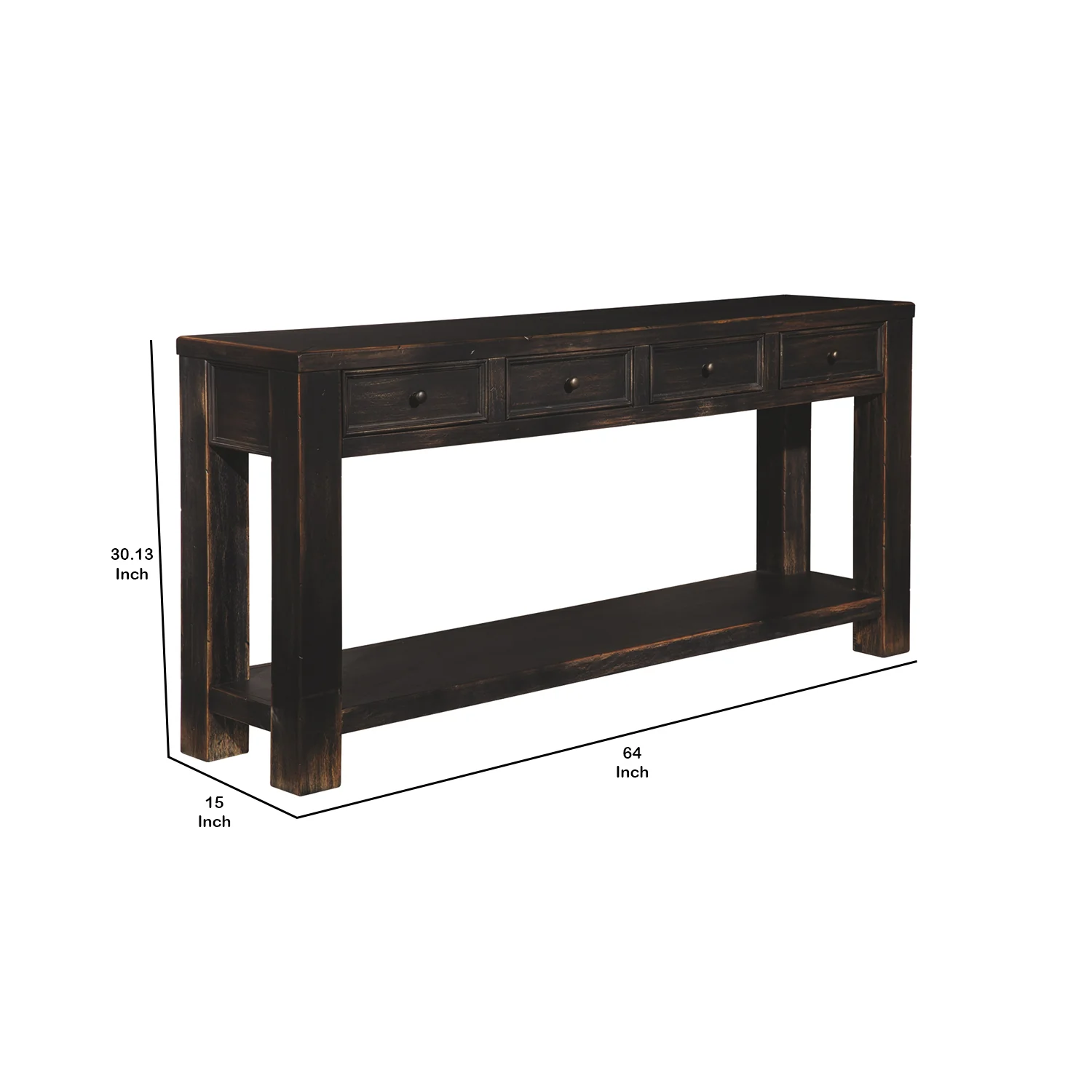 Wooden Sofa Table With Four Drawers And One Shelf, Weathered Black By Benzara - Image 5