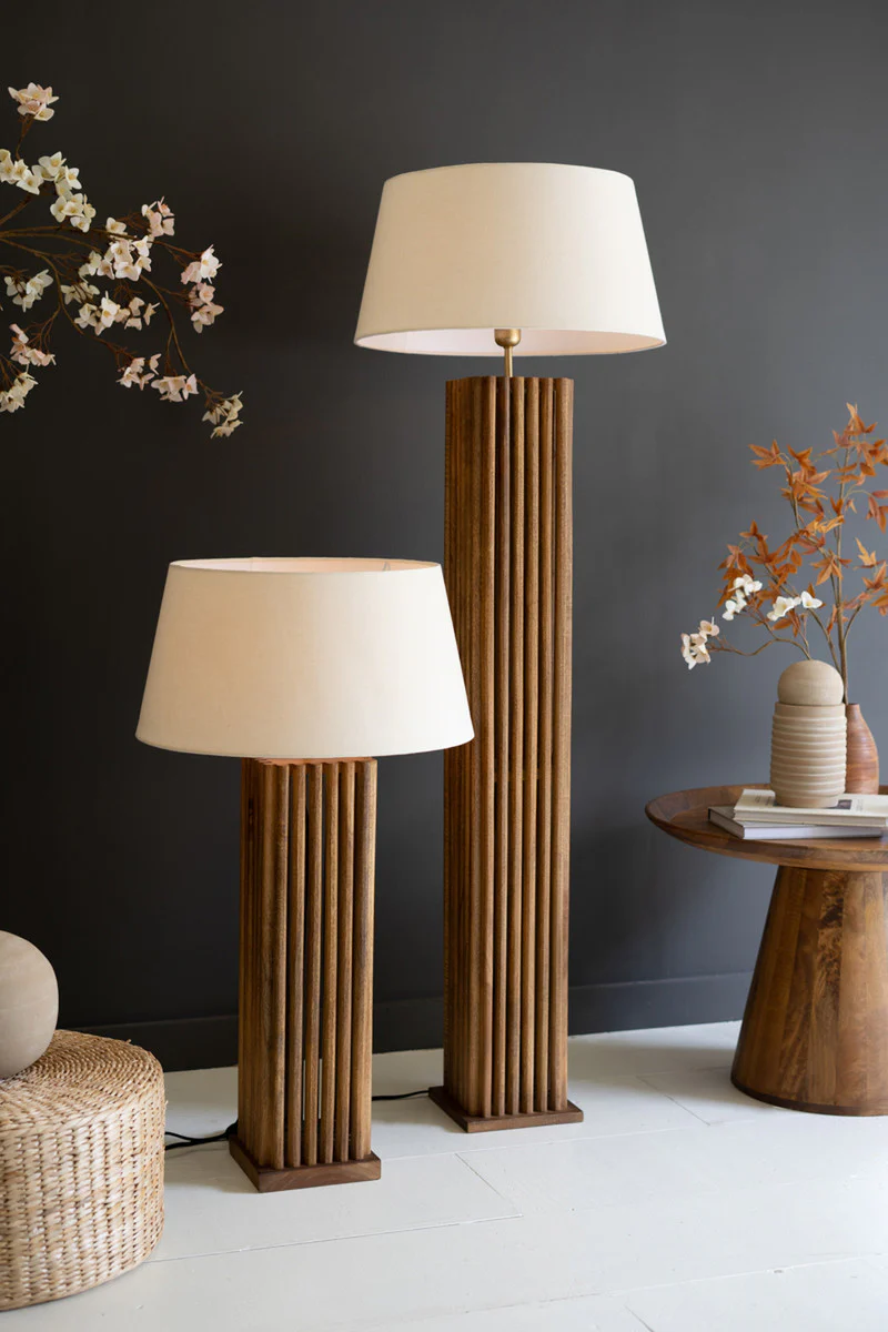 Wooden Spindles Floor Lamp Base W Fabric Lamp Shade By Kalalou - Image 2