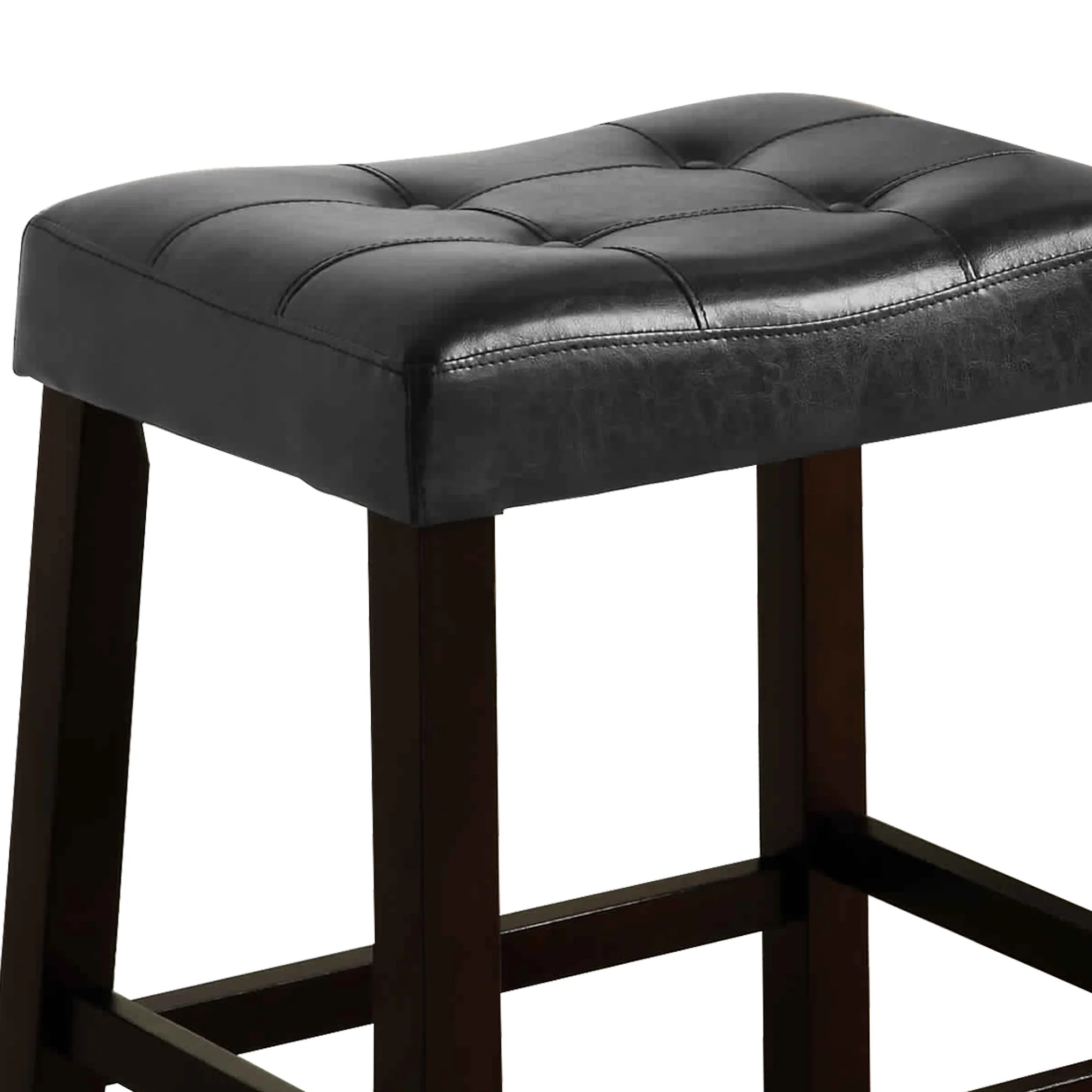 Wooden Stool With Saddle Seat And Button Tufting Set Of 2 Black And Brown By Benzara - Image 4